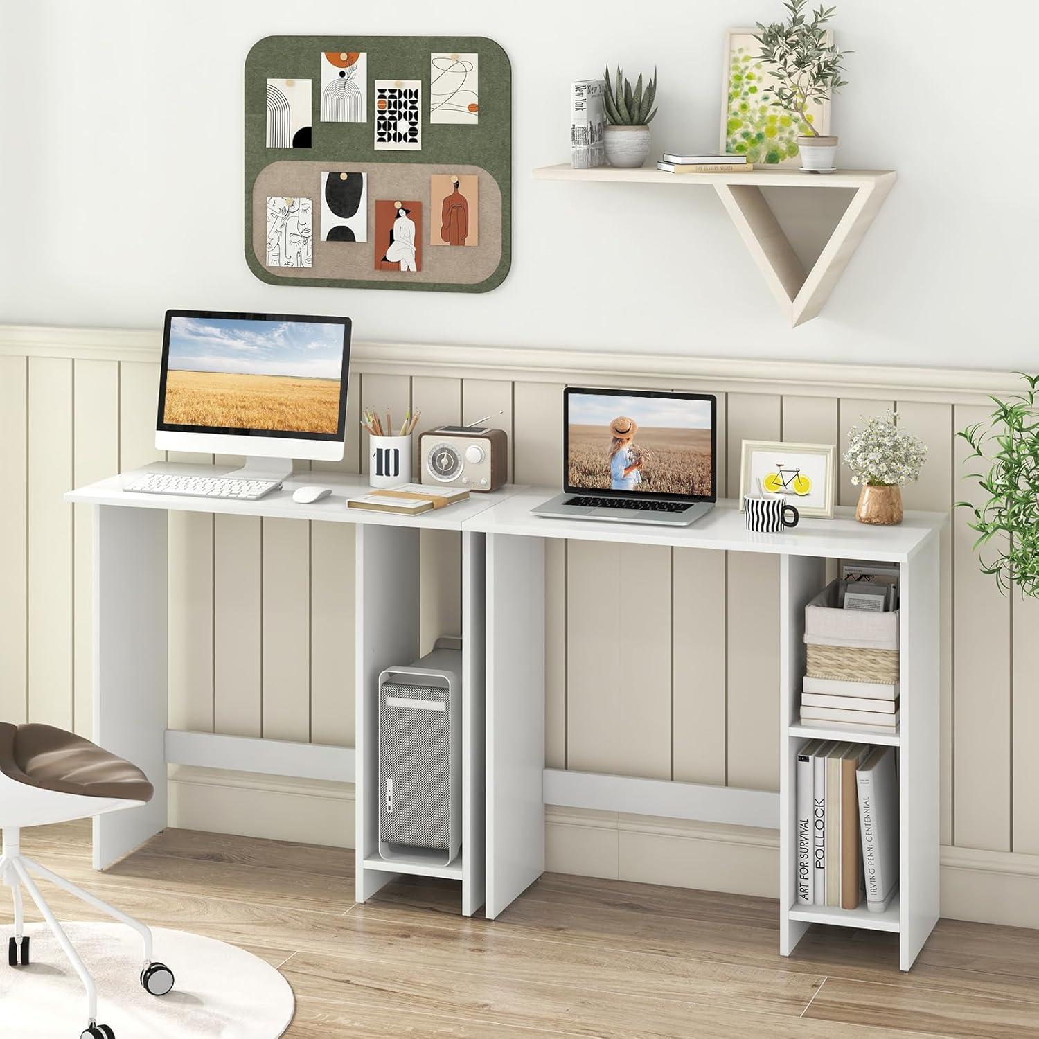 image:imageGiantex Small White Desk Compact Study Writing Desk with 3Position Adjustable Shelf AntiToppling Kit Modern PC Laptop Table Home Office Computer Workstation for Small Space Bedroom DormWhite