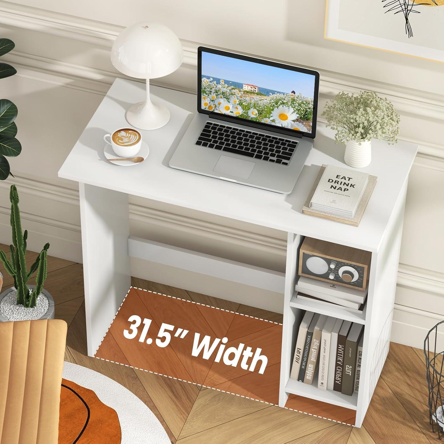 image:imageGiantex Small White Desk Compact Study Writing Desk with 3Position Adjustable Shelf AntiToppling Kit Modern PC Laptop Table Home Office Computer Workstation for Small Space Bedroom DormWhite