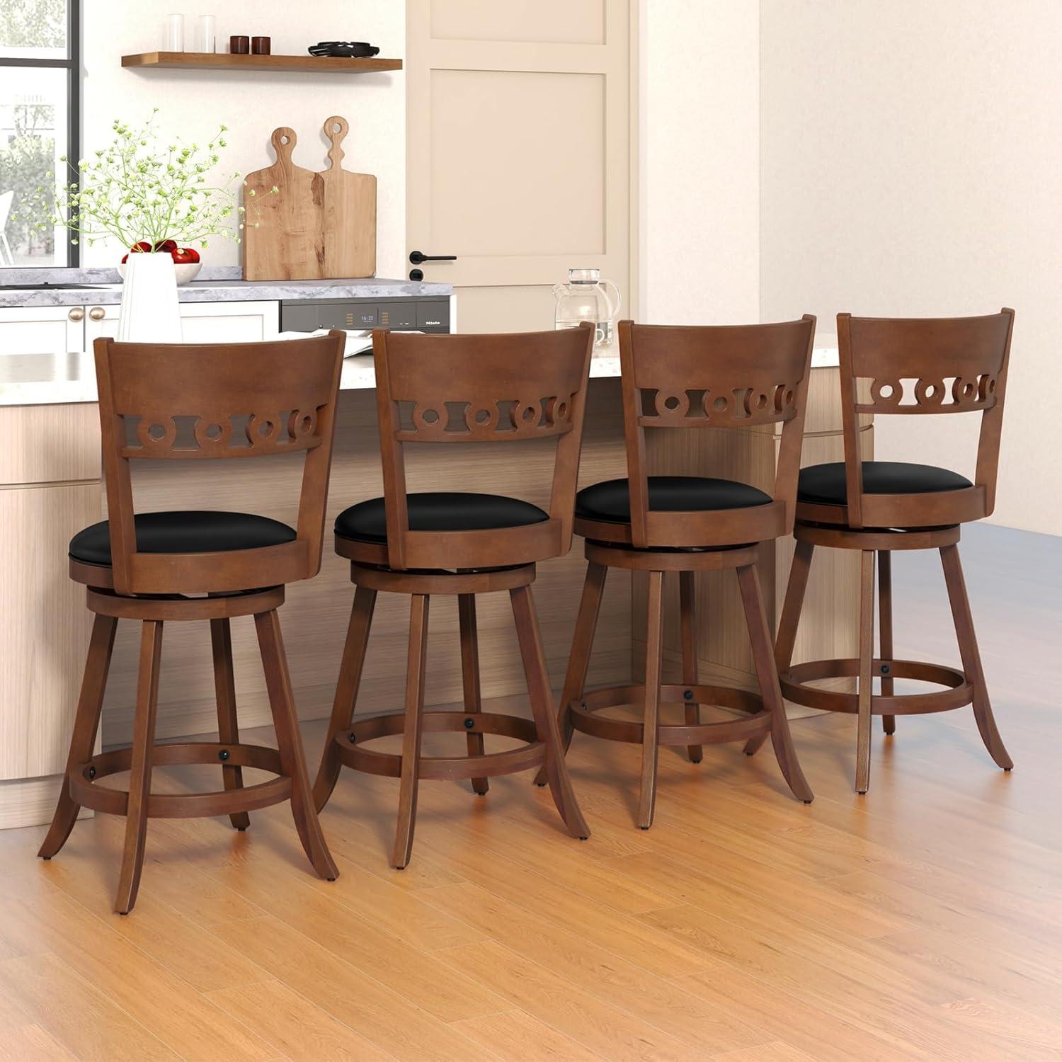 image:imageGiantex Swivel Bar Stools Set of 2 245 Counter Height Bar Chairs with Back Rubber Wood Frame Upholstered Farmhouse Faux Leather Barstools for Kitchen Island Dining Room Pub Espresso1