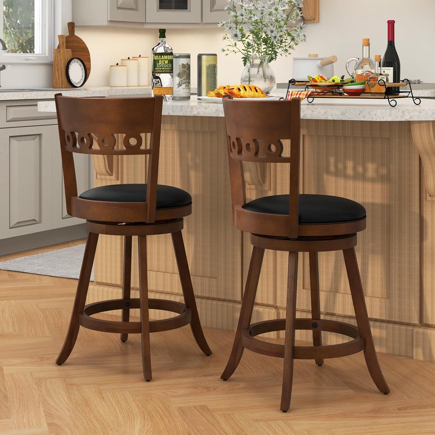 image:imageGiantex Swivel Bar Stools Set of 2 245 Counter Height Bar Chairs with Back Rubber Wood Frame Upholstered Farmhouse Faux Leather Barstools for Kitchen Island Dining Room Pub Espresso1
