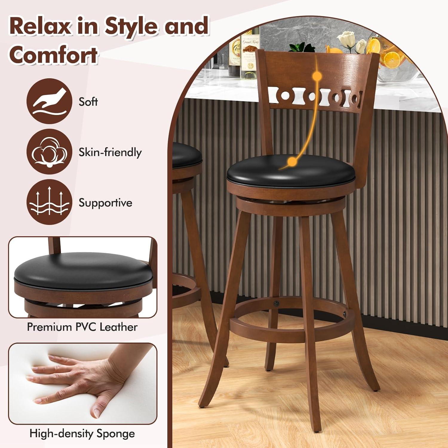image:imageGiantex Swivel Bar Stools Set of 2 245 Counter Height Bar Chairs with Back Rubber Wood Frame Upholstered Farmhouse Faux Leather Barstools for Kitchen Island Dining Room Pub Espresso1