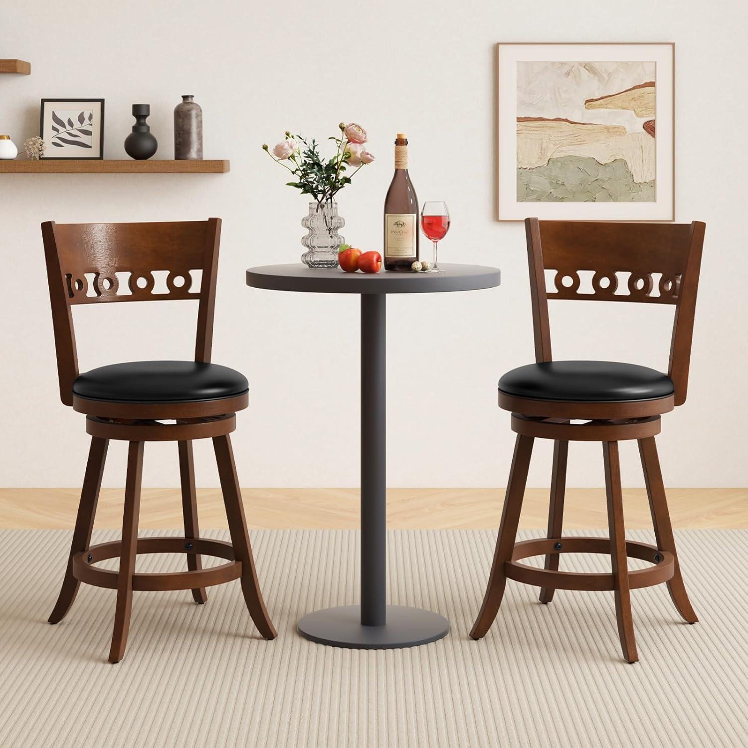 image:imageGiantex Swivel Bar Stools Set of 2 245 Counter Height Bar Chairs with Back Rubber Wood Frame Upholstered Farmhouse Faux Leather Barstools for Kitchen Island Dining Room Pub Espresso1