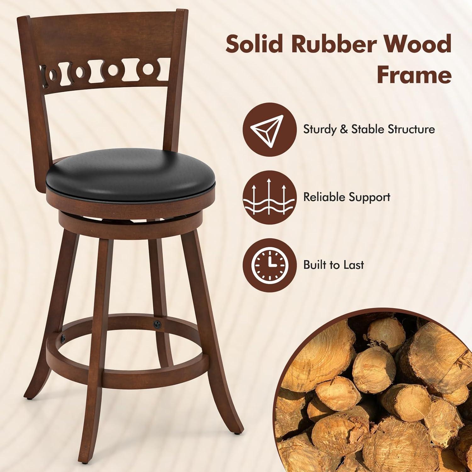 image:imageGiantex Swivel Bar Stools Set of 2 245 Counter Height Bar Chairs with Back Rubber Wood Frame Upholstered Farmhouse Faux Leather Barstools for Kitchen Island Dining Room Pub Espresso1