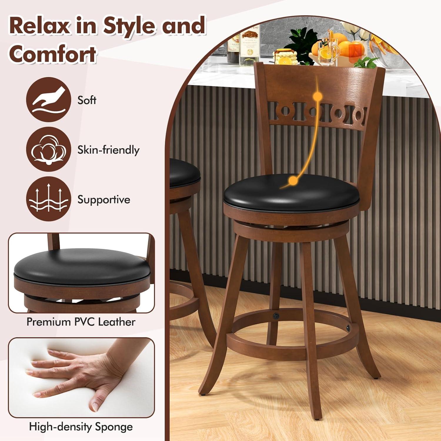 image:imageGiantex Swivel Bar Stools Set of 2 245 Counter Height Bar Chairs with Back Rubber Wood Frame Upholstered Farmhouse Faux Leather Barstools for Kitchen Island Dining Room Pub Espresso1