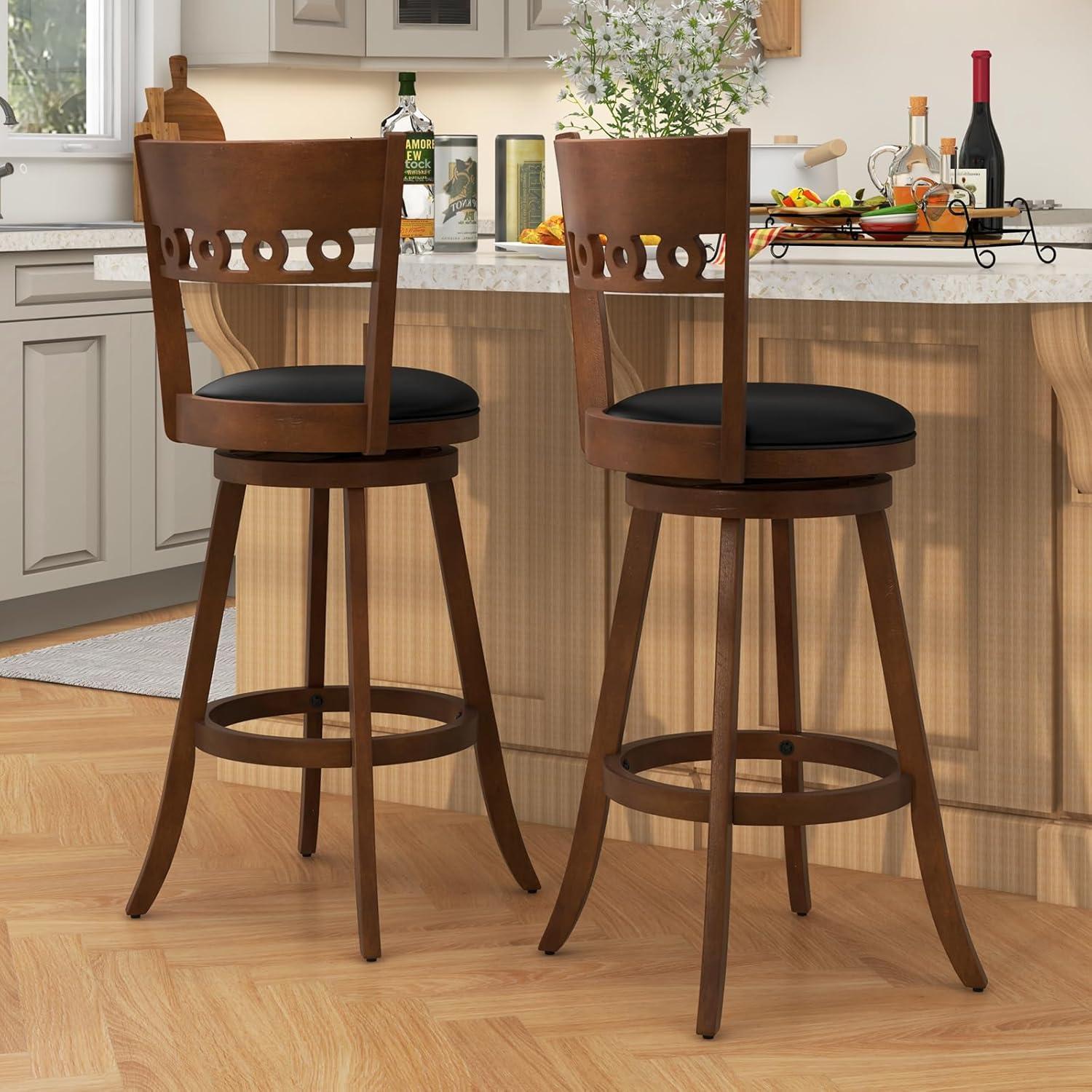 image:imageGiantex Swivel Bar Stools Set of 2 245 Counter Height Bar Chairs with Back Rubber Wood Frame Upholstered Farmhouse Faux Leather Barstools for Kitchen Island Dining Room Pub Espresso1