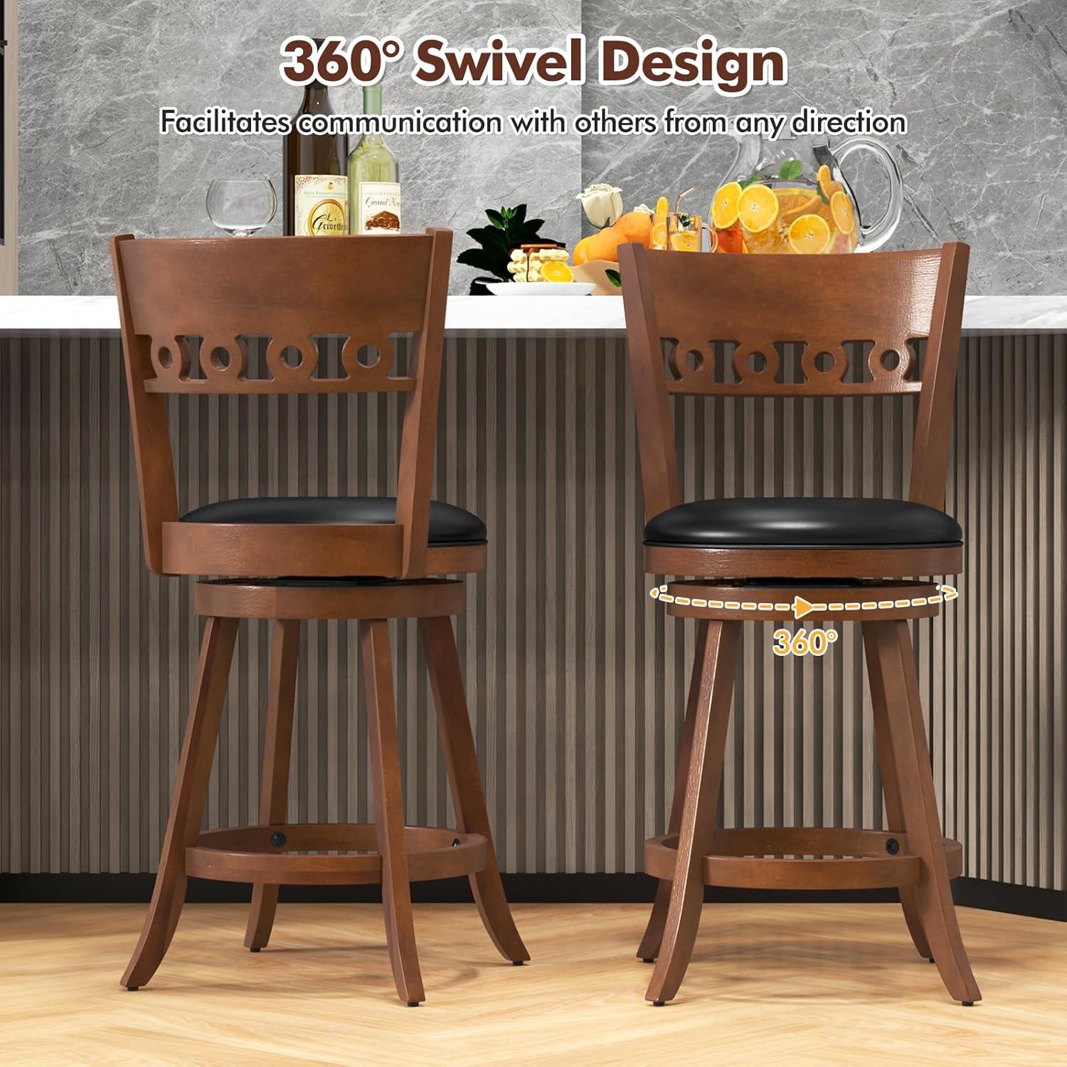 image:imageGiantex Swivel Bar Stools Set of 2 245 Counter Height Bar Chairs with Back Rubber Wood Frame Upholstered Farmhouse Faux Leather Barstools for Kitchen Island Dining Room Pub Espresso1