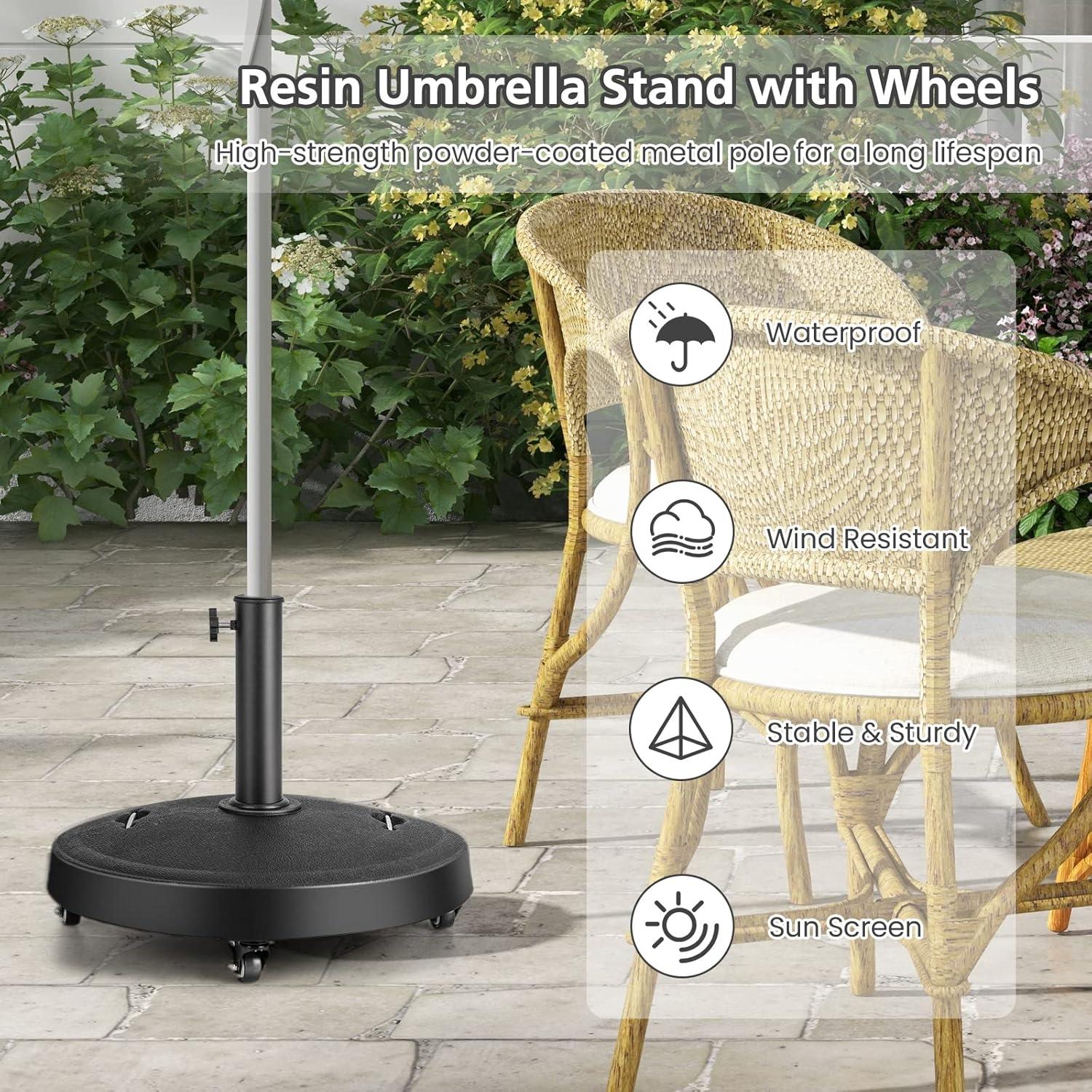 image:imageGiantex Umbrella Base with Wheels 52 lbs Heavy Duty Umbrella Stand with 4 Lockable Wheels and 2 Handles for 1519 Poles Round Resin Weighted Market Umbrella Holder for Patio Deck Garden