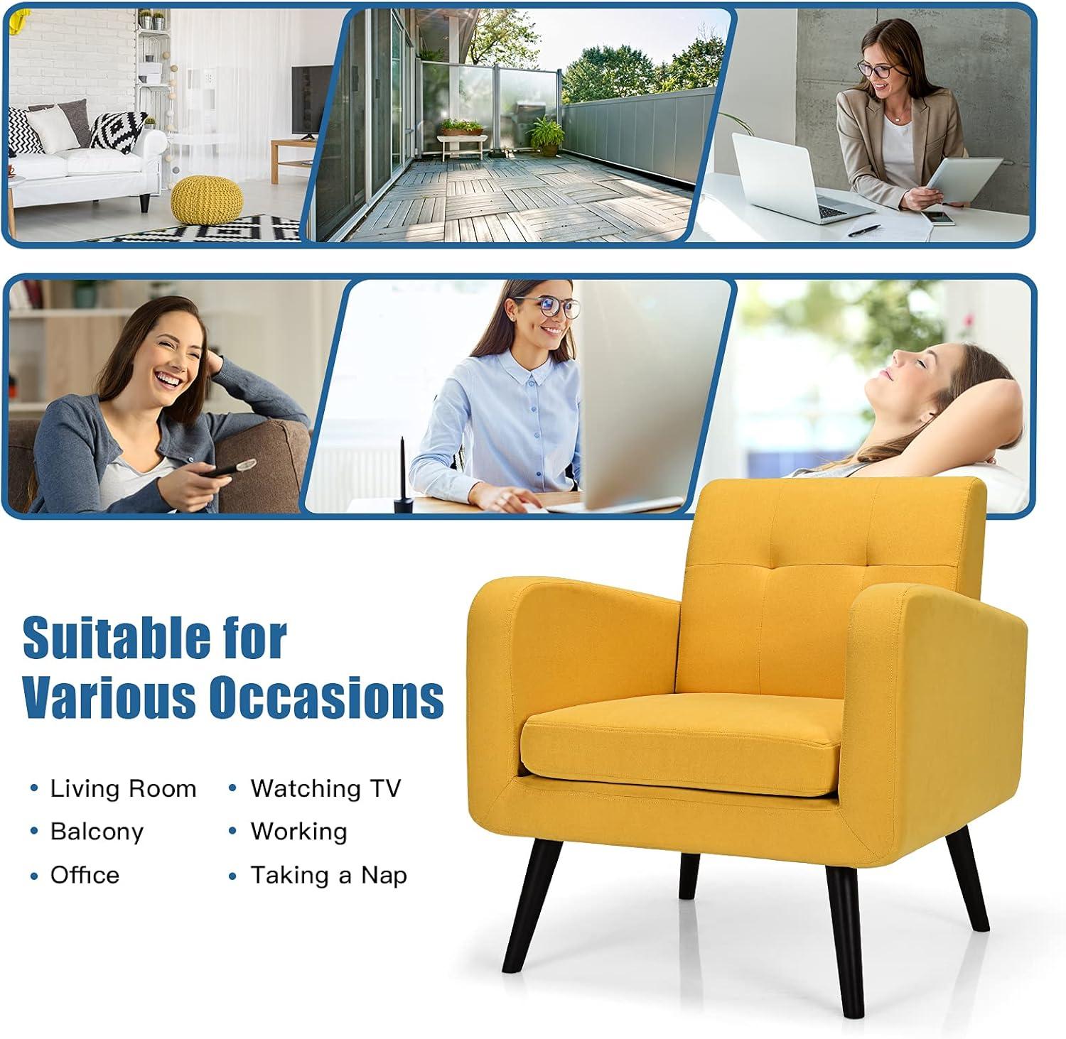image:imageGiantex Upholstered Accent Chair Modern Mid Century Linen Fabric Living Room Chair with Arms Max Load 265 Lbs Comfy Tufted Single Sofa for Reading Bedroom Office Club GreyYellow