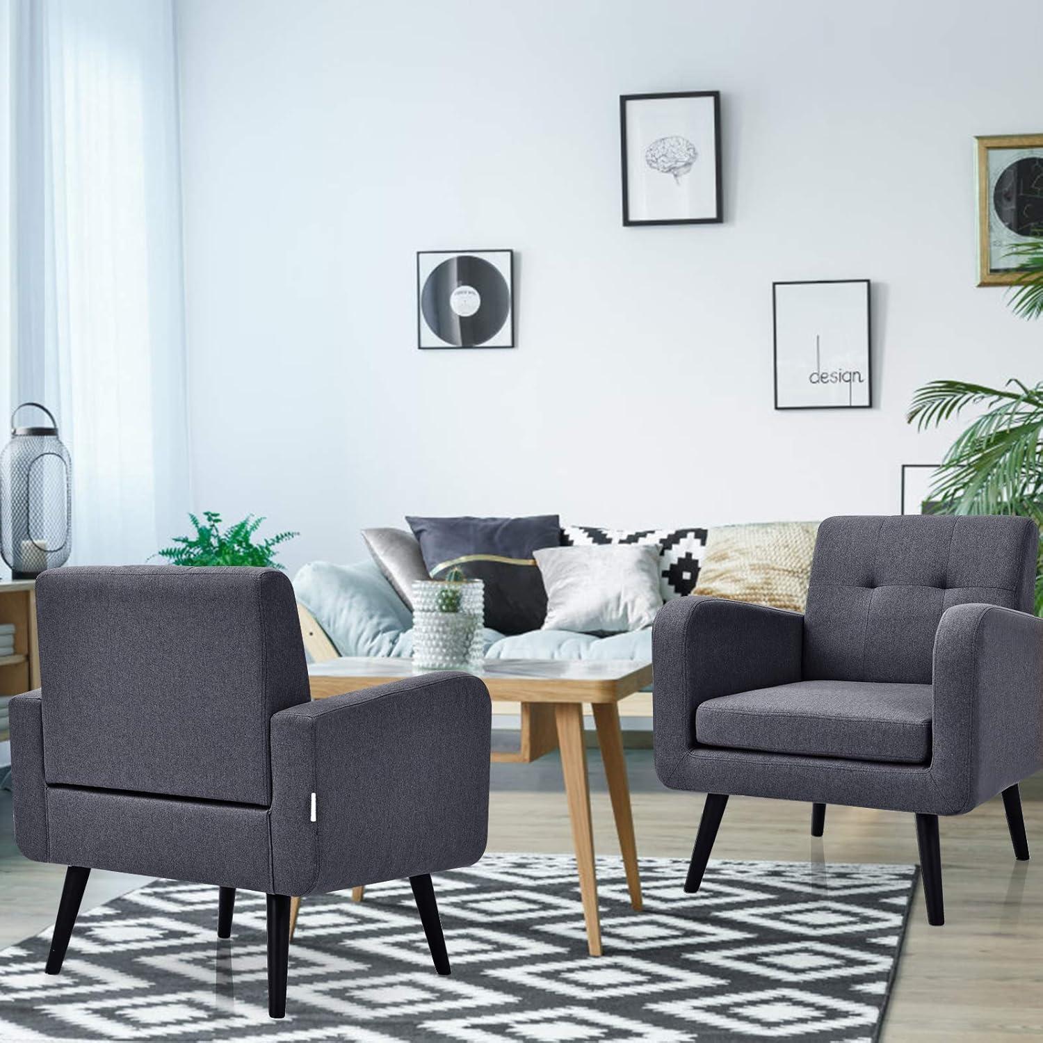 image:imageGiantex Upholstered Accent Chair Modern Mid Century Linen Fabric Living Room Chair with Arms Max Load 265 Lbs Comfy Tufted Single Sofa for Reading Bedroom Office Club GreyGrey