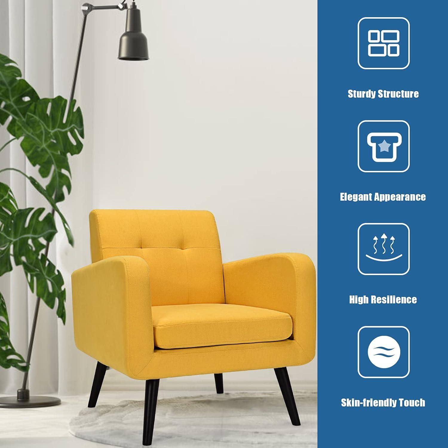 image:imageGiantex Upholstered Accent Chair Modern Mid Century Linen Fabric Living Room Chair with Arms Max Load 265 Lbs Comfy Tufted Single Sofa for Reading Bedroom Office Club GreyYellow