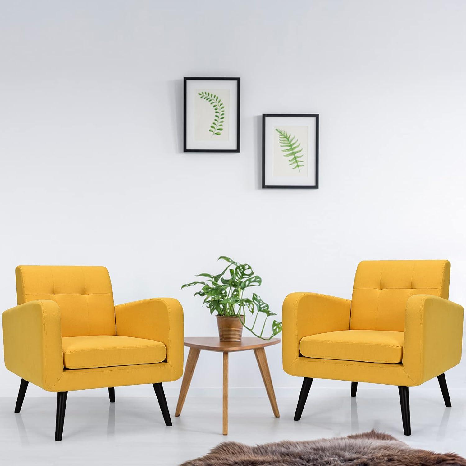 image:imageGiantex Upholstered Accent Chair Modern Mid Century Linen Fabric Living Room Chair with Arms Max Load 265 Lbs Comfy Tufted Single Sofa for Reading Bedroom Office Club GreyYellow
