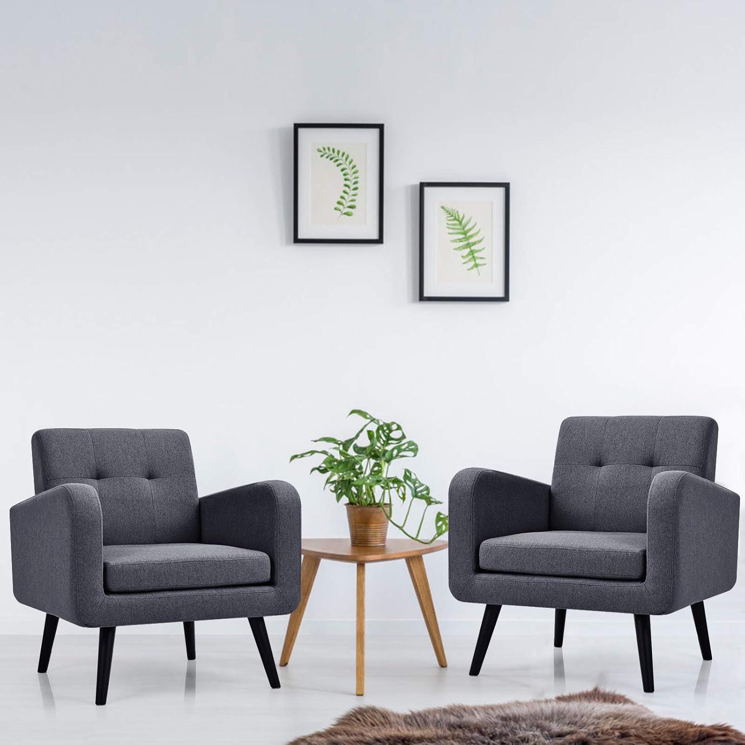 image:imageGiantex Upholstered Accent Chair Modern Mid Century Linen Fabric Living Room Chair with Arms Max Load 265 Lbs Comfy Tufted Single Sofa for Reading Bedroom Office Club GreyGrey