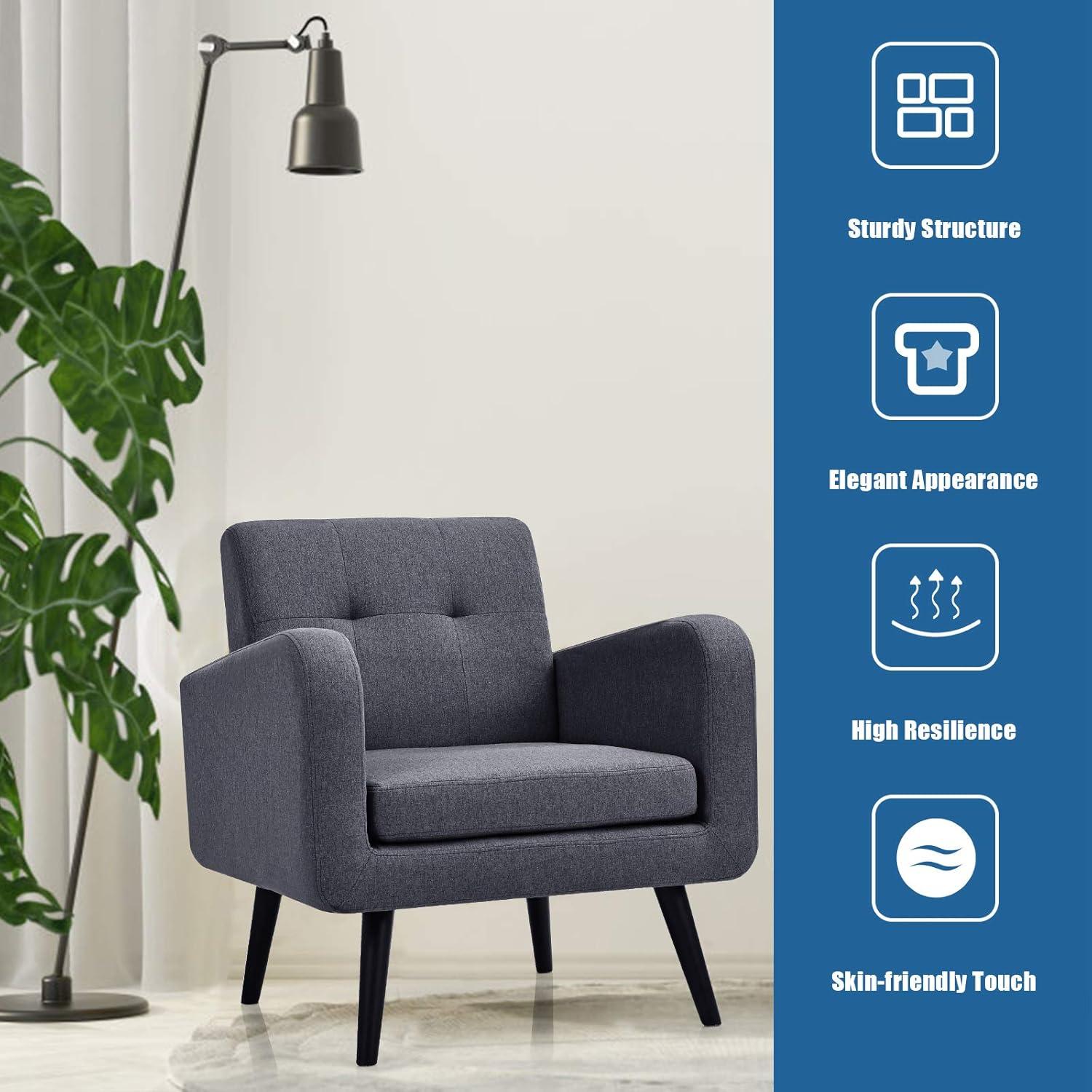 image:imageGiantex Upholstered Accent Chair Modern Mid Century Linen Fabric Living Room Chair with Arms Max Load 265 Lbs Comfy Tufted Single Sofa for Reading Bedroom Office Club GreyGrey