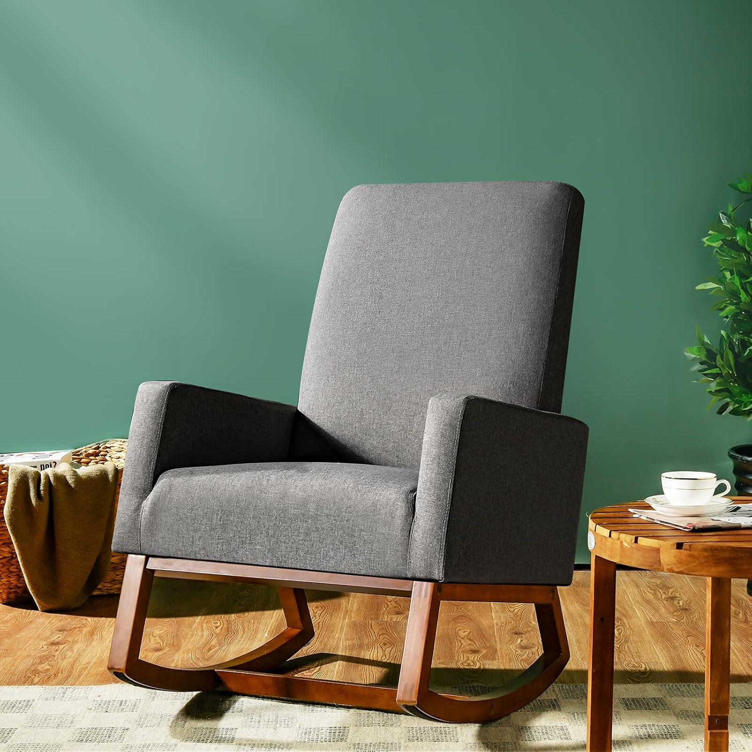 image:imageGiantex Upholstered Rocking Chair Modern Fabric Armchair wWood Base Side Pocket Linen Padded Seat High Back Accent Glider Rocker Chair MidCentury Leisure Chair for Nursery Living Room GrayGrey