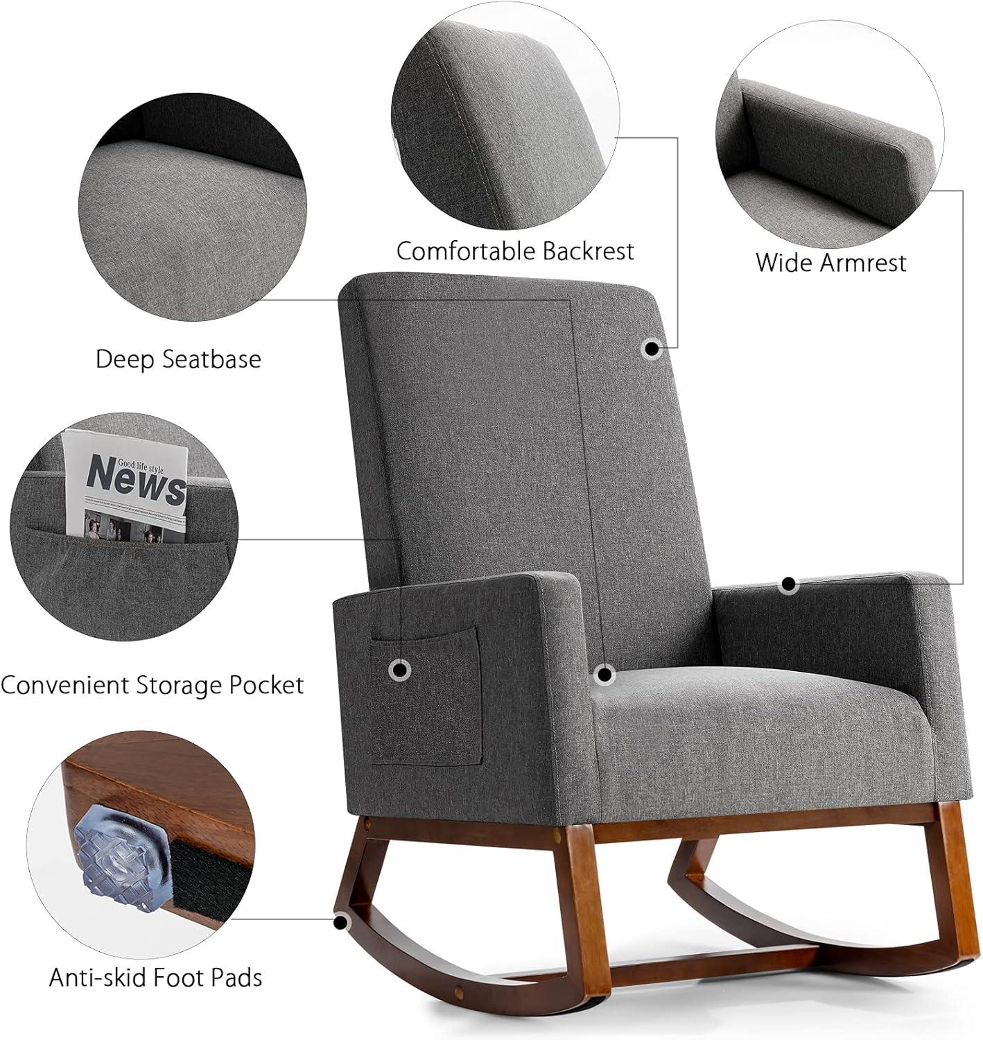 image:imageGiantex Upholstered Rocking Chair Modern Fabric Armchair wWood Base Side Pocket Linen Padded Seat High Back Accent Glider Rocker Chair MidCentury Leisure Chair for Nursery Living Room GrayGrey
