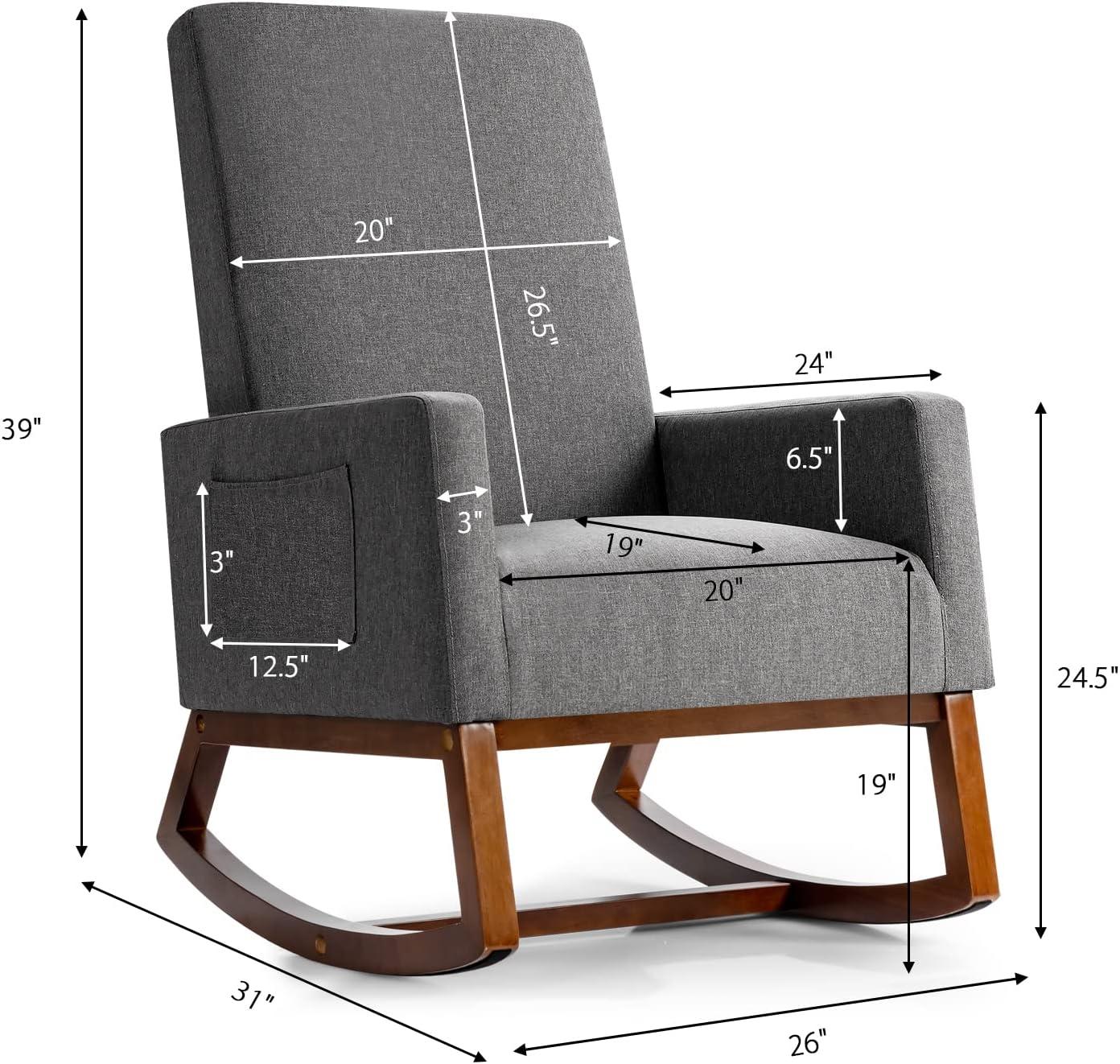image:imageGiantex Upholstered Rocking Chair Modern Fabric Armchair wWood Base Side Pocket Linen Padded Seat High Back Accent Glider Rocker Chair MidCentury Leisure Chair for Nursery Living Room GrayGrey