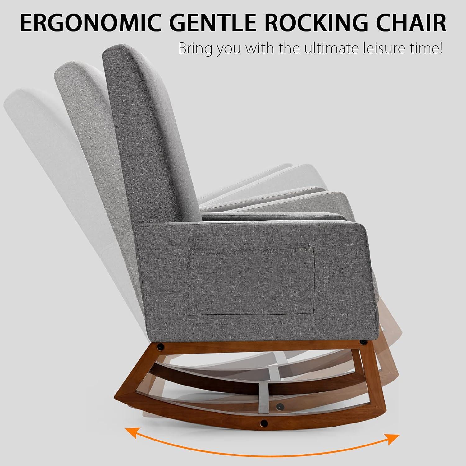 image:imageGiantex Upholstered Rocking Chair Modern Fabric Armchair wWood Base Side Pocket Linen Padded Seat High Back Accent Glider Rocker Chair MidCentury Leisure Chair for Nursery Living Room GrayGrey