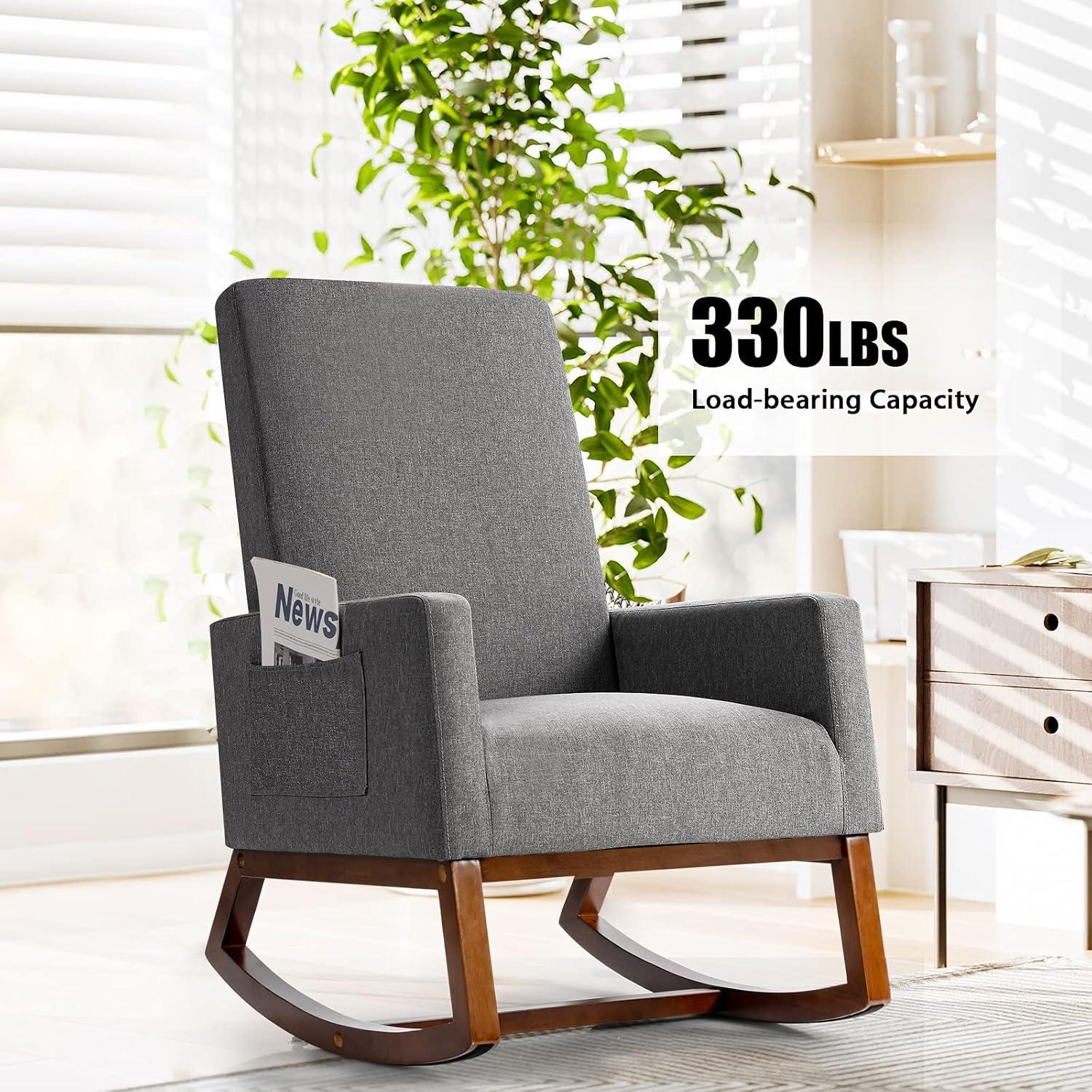 image:imageGiantex Upholstered Rocking Chair Modern Fabric Armchair wWood Base Side Pocket Linen Padded Seat High Back Accent Glider Rocker Chair MidCentury Leisure Chair for Nursery Living Room GrayGrey
