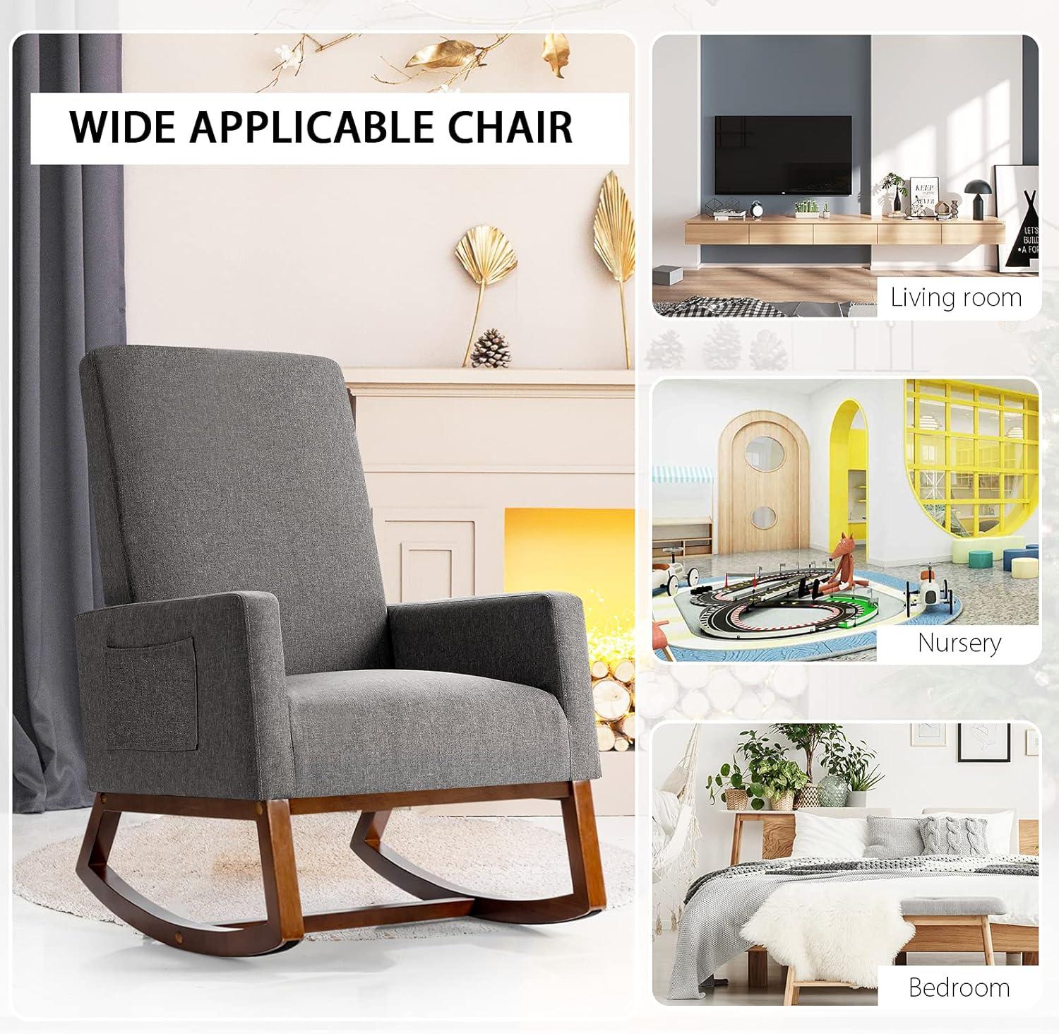image:imageGiantex Upholstered Rocking Chair Modern Fabric Armchair wWood Base Side Pocket Linen Padded Seat High Back Accent Glider Rocker Chair MidCentury Leisure Chair for Nursery Living Room GrayGrey