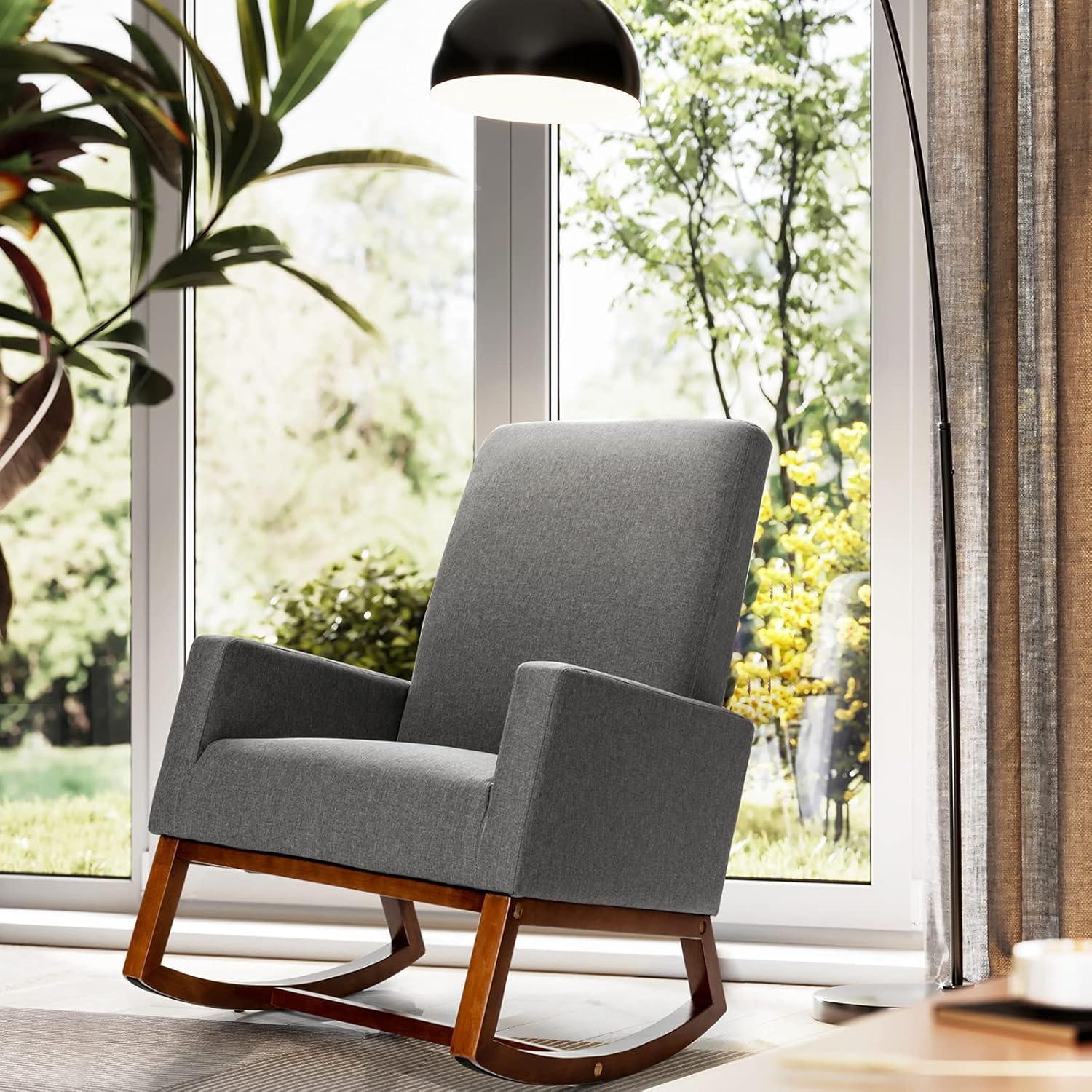 image:imageGiantex Upholstered Rocking Chair Modern Fabric Armchair wWood Base Side Pocket Linen Padded Seat High Back Accent Glider Rocker Chair MidCentury Leisure Chair for Nursery Living Room GrayGrey