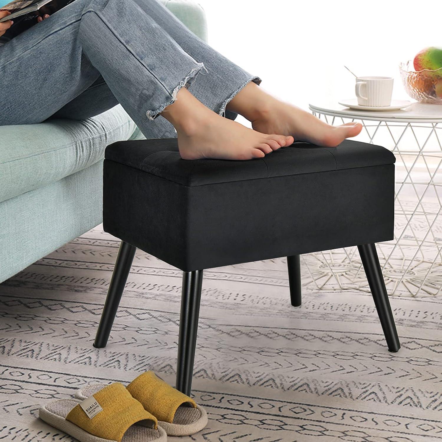 image:imageGiantex Vanity Stool Chair with Storage Multifunctional 20 Makeup Seat with Wood Legs Ottoman Foot Rest Upholstered Tufted Makeup Vanity Chair for Dressing Bedroom Living RoomBlack