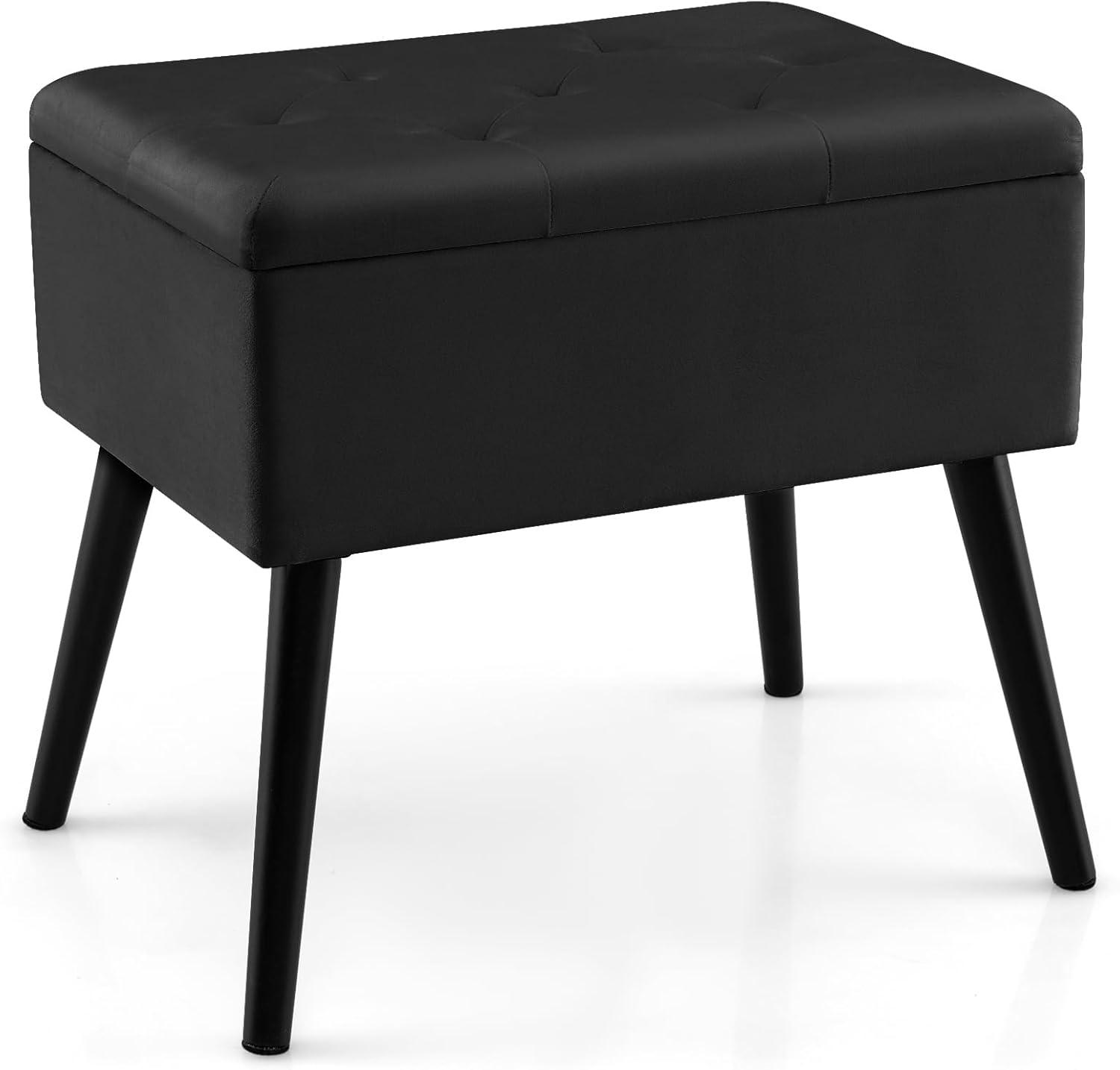 image:imageGiantex Vanity Stool Chair with Storage Multifunctional 20 Makeup Seat with Wood Legs Ottoman Foot Rest Upholstered Tufted Makeup Vanity Chair for Dressing Bedroom Living RoomBlack