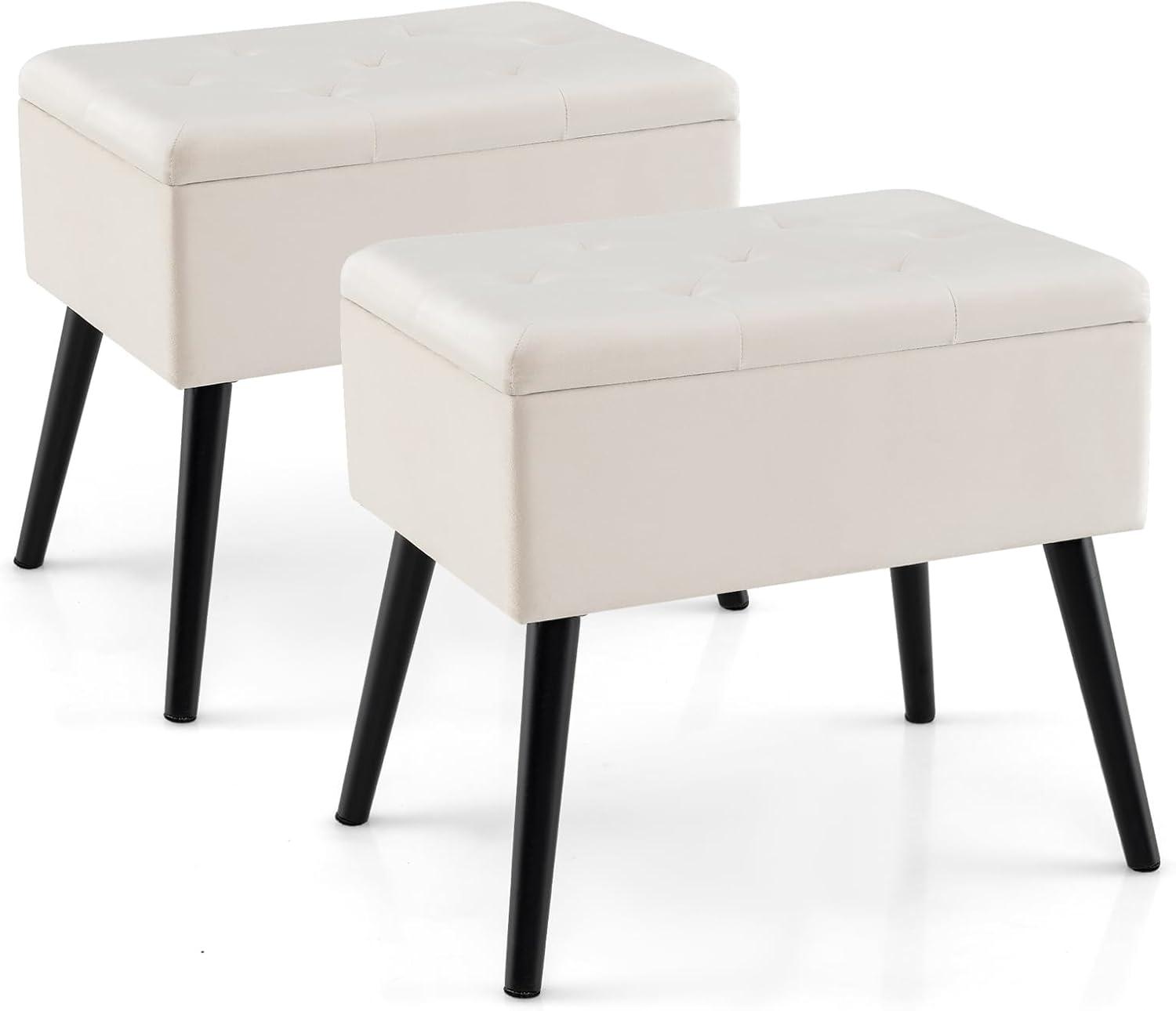 image:imageGiantex Vanity Stool Chair with Storage Multifunctional 20 Makeup Seat with Wood Legs Ottoman Foot Rest Upholstered Tufted Makeup Vanity Chair for Dressing Bedroom Living RoomBeige