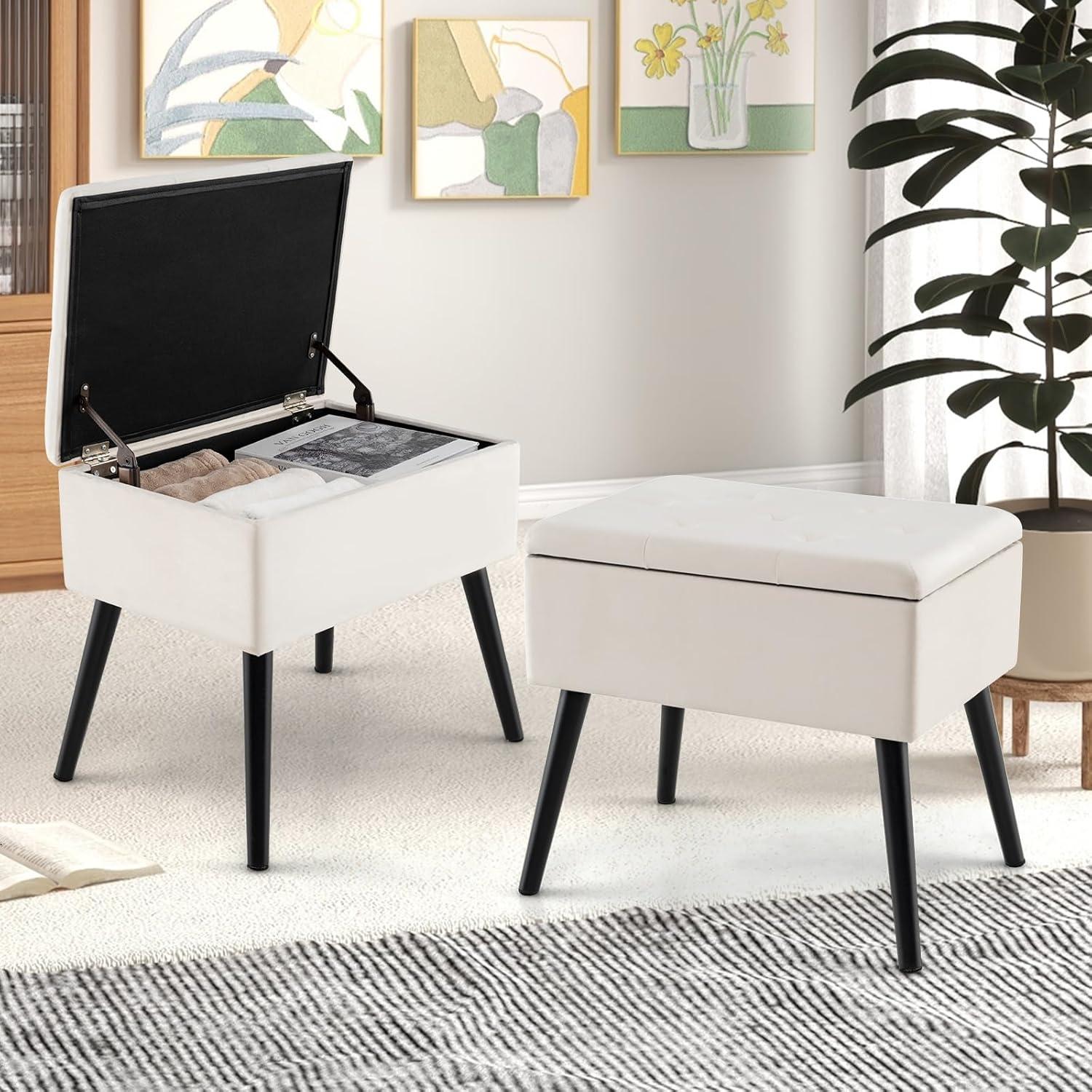image:imageGiantex Vanity Stool Chair with Storage Multifunctional 20 Makeup Seat with Wood Legs Ottoman Foot Rest Upholstered Tufted Makeup Vanity Chair for Dressing Bedroom Living RoomBeige