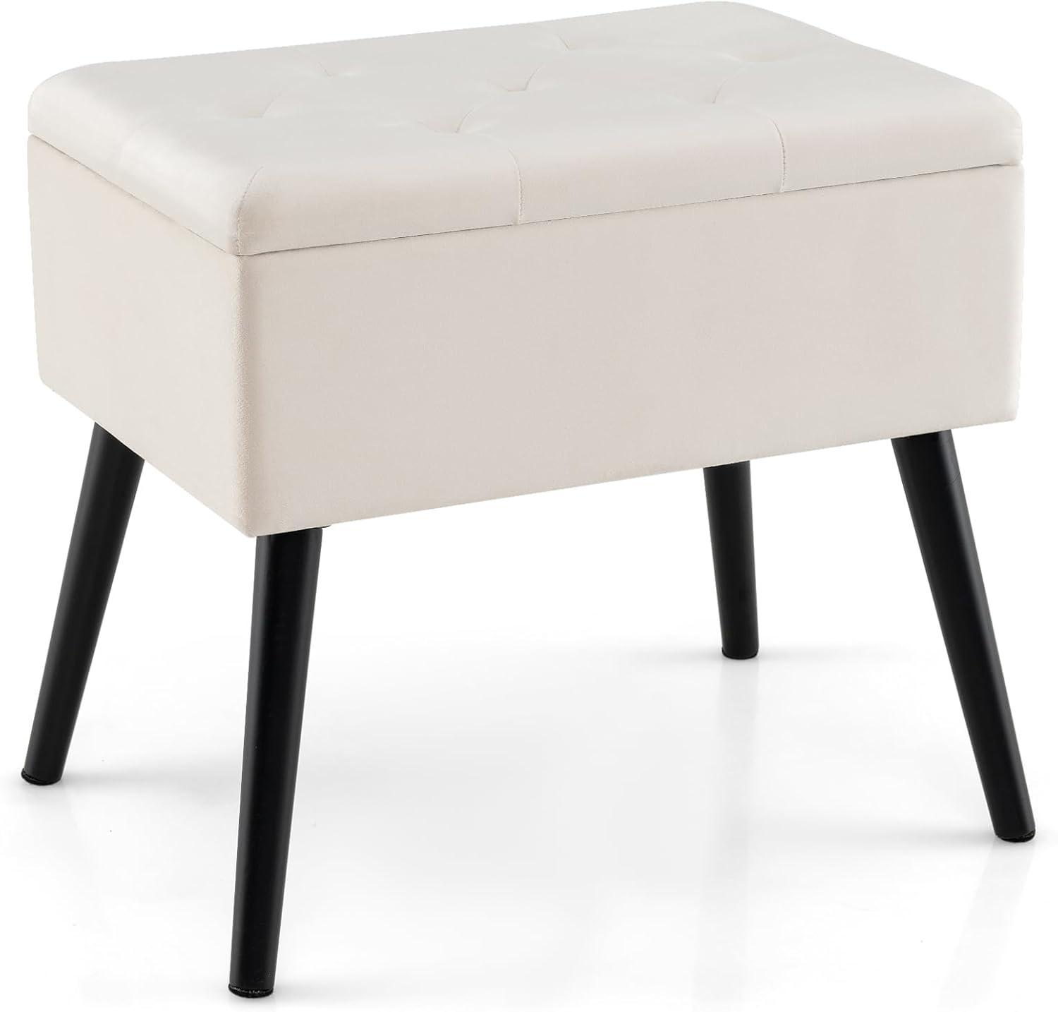image:imageGiantex Vanity Stool Chair with Storage Multifunctional 20 Makeup Seat with Wood Legs Ottoman Foot Rest Upholstered Tufted Makeup Vanity Chair for Dressing Bedroom Living RoomBeige
