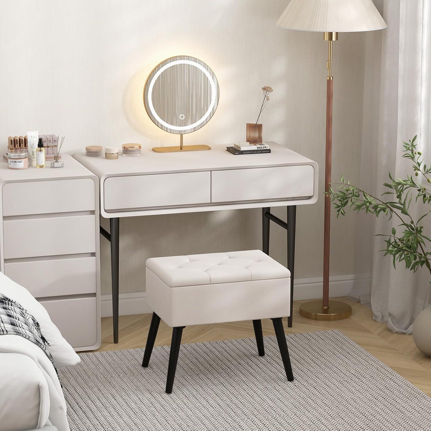 image:imageGiantex Vanity Stool Chair with Storage Multifunctional 20 Makeup Seat with Wood Legs Ottoman Foot Rest Upholstered Tufted Makeup Vanity Chair for Dressing Bedroom Living RoomBeige