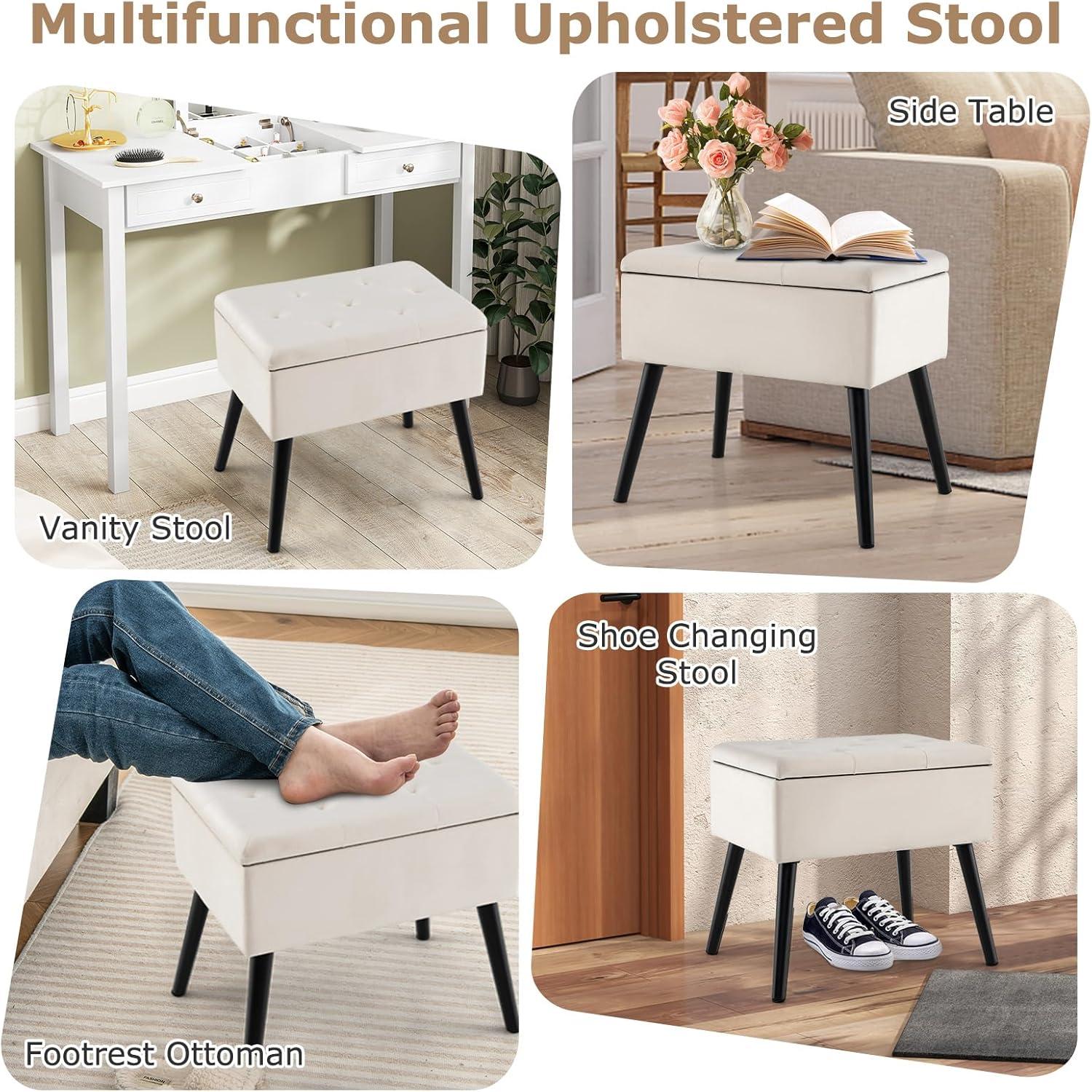 image:imageGiantex Vanity Stool Chair with Storage Multifunctional 20 Makeup Seat with Wood Legs Ottoman Foot Rest Upholstered Tufted Makeup Vanity Chair for Dressing Bedroom Living RoomBeige