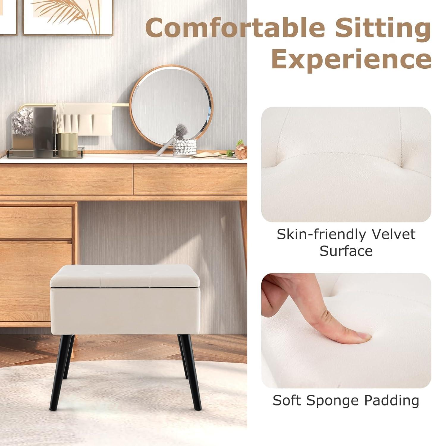 image:imageGiantex Vanity Stool Chair with Storage Multifunctional 20 Makeup Seat with Wood Legs Ottoman Foot Rest Upholstered Tufted Makeup Vanity Chair for Dressing Bedroom Living RoomBeige