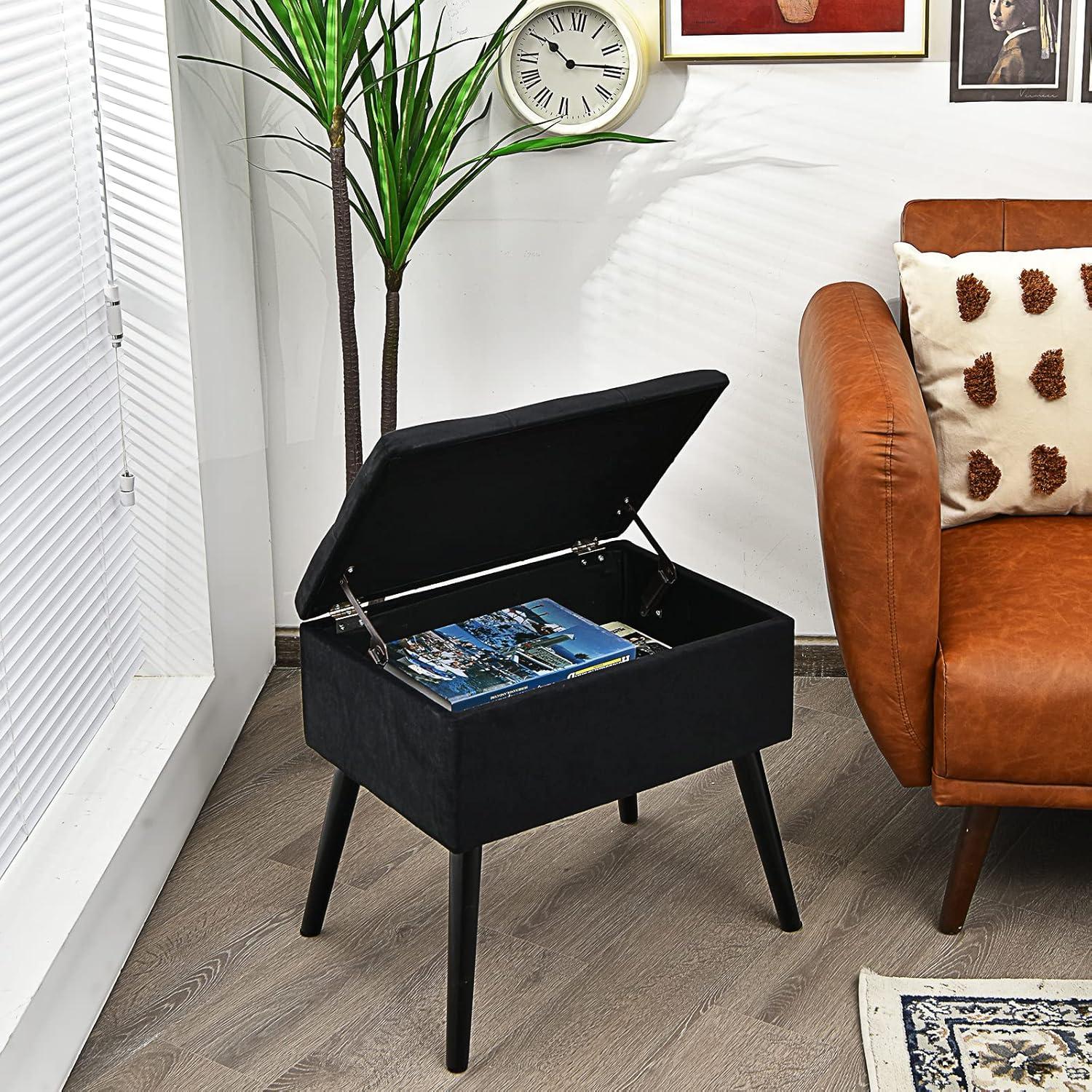 image:imageGiantex Vanity Stool Chair with Storage Multifunctional 20 Makeup Seat with Wood Legs Ottoman Foot Rest Upholstered Tufted Makeup Vanity Chair for Dressing Bedroom Living RoomBlack