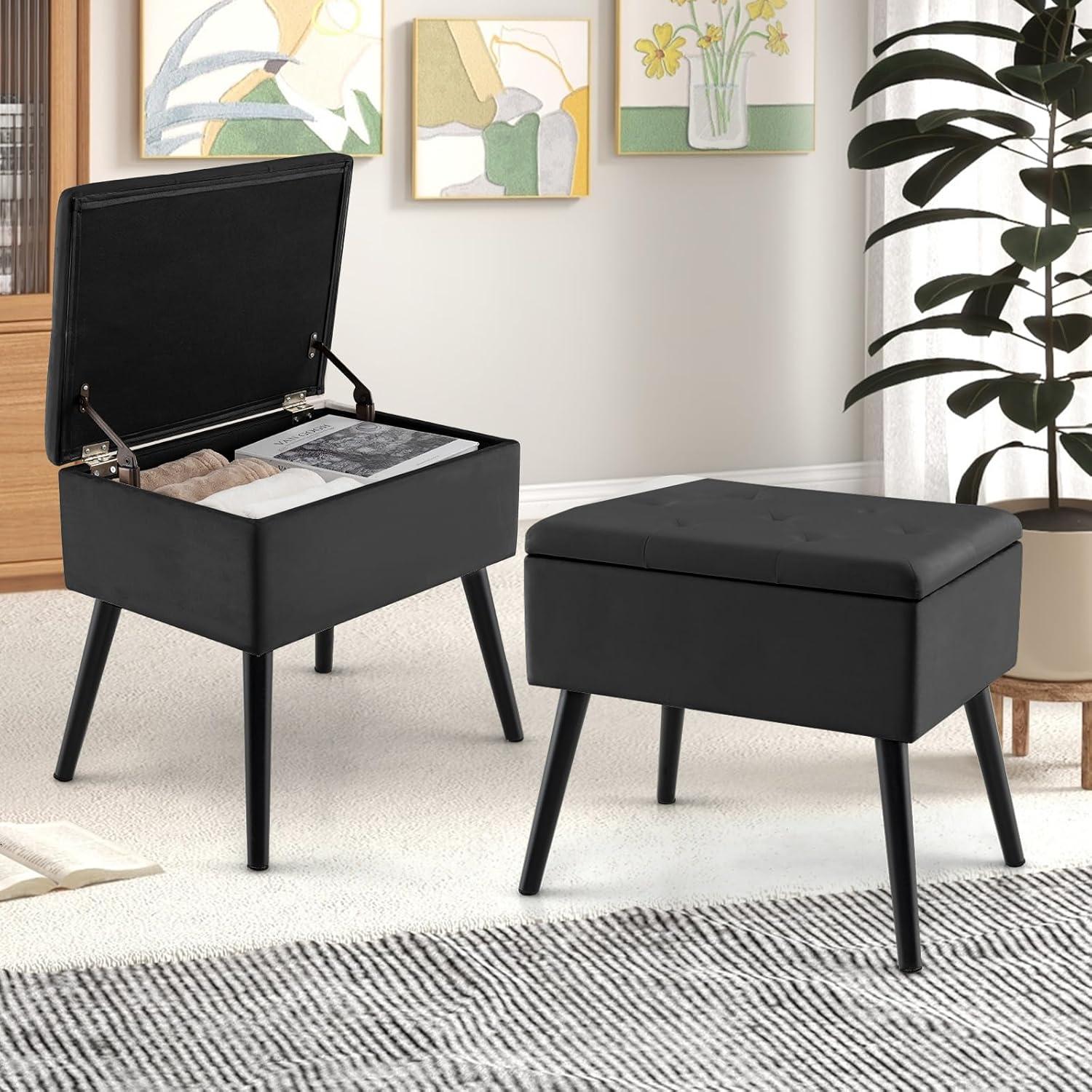 image:imageGiantex Vanity Stool Chair with Storage Multifunctional 20 Makeup Seat with Wood Legs Ottoman Foot Rest Upholstered Tufted Makeup Vanity Chair for Dressing Bedroom Living RoomBlack