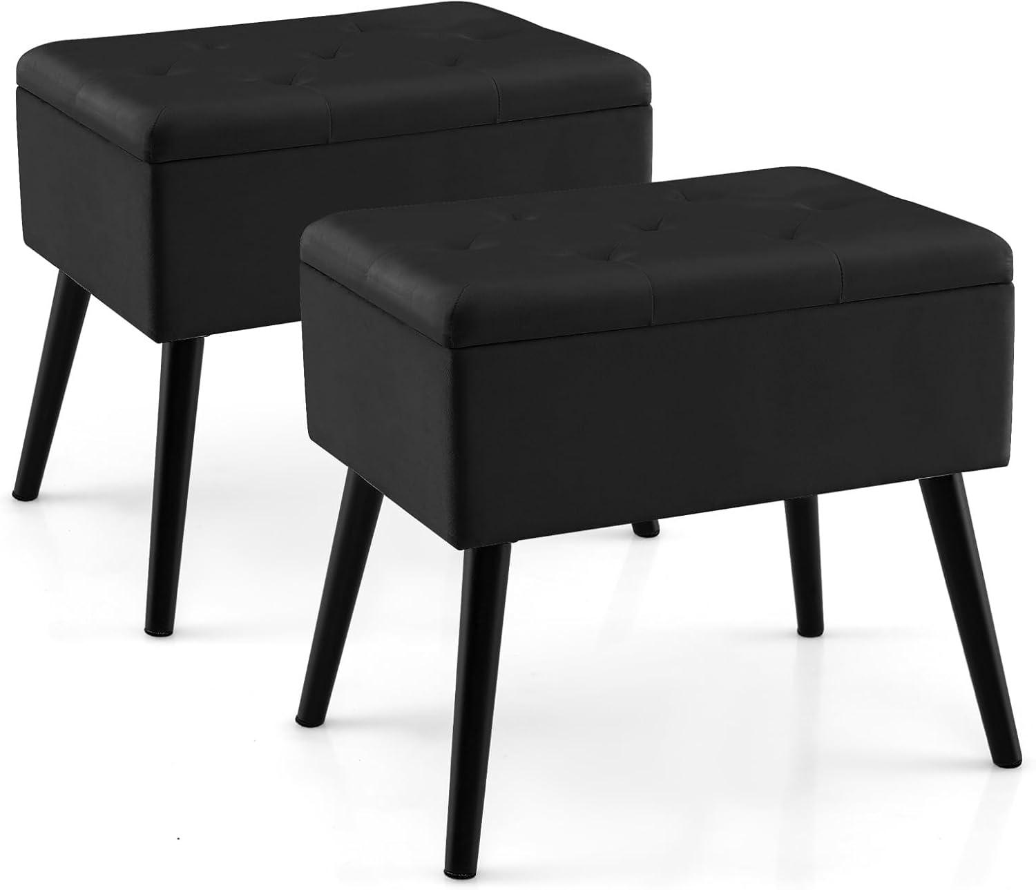 image:imageGiantex Vanity Stool Chair with Storage Multifunctional 20 Makeup Seat with Wood Legs Ottoman Foot Rest Upholstered Tufted Makeup Vanity Chair for Dressing Bedroom Living RoomBlack