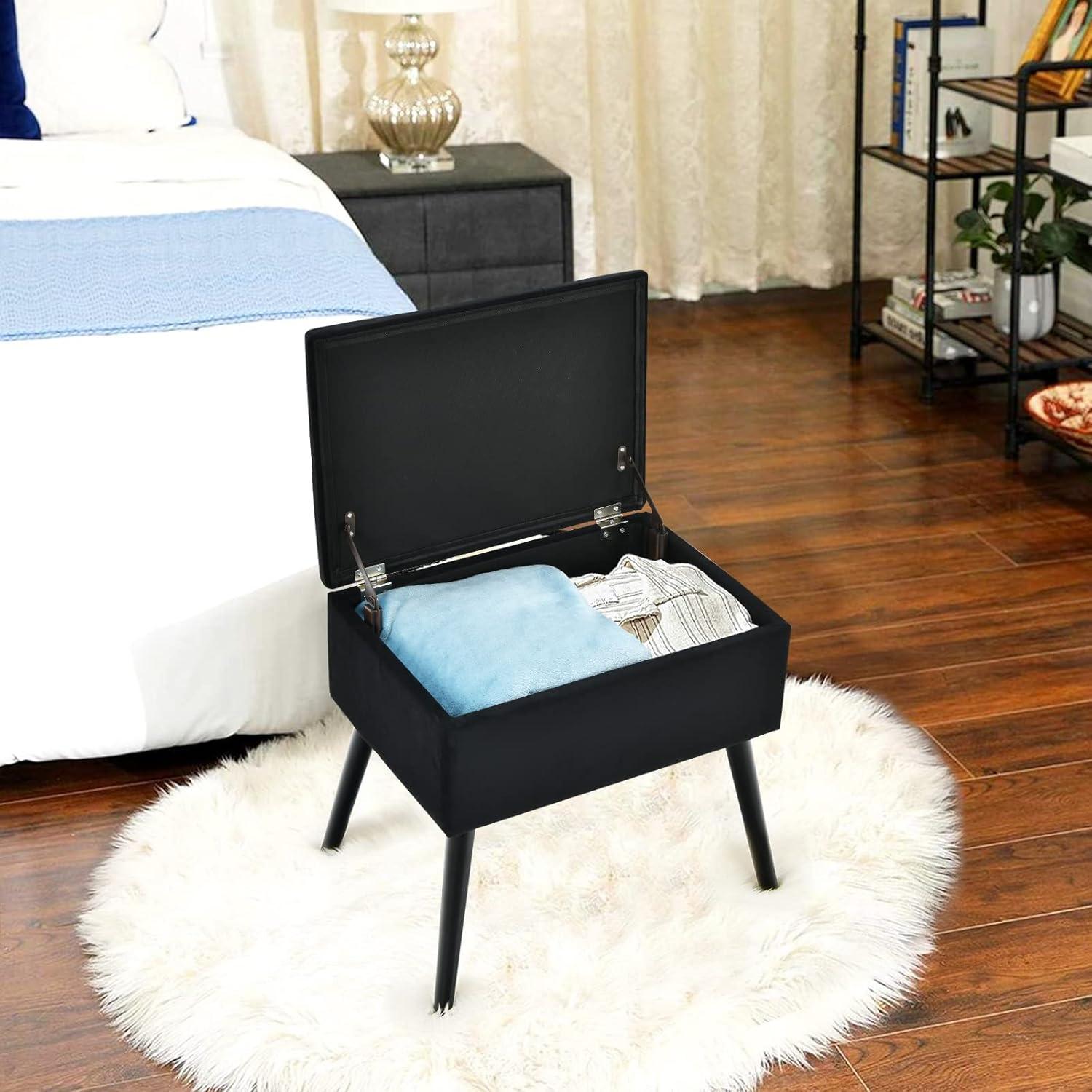 image:imageGiantex Vanity Stool Chair with Storage Multifunctional 20 Makeup Seat with Wood Legs Ottoman Foot Rest Upholstered Tufted Makeup Vanity Chair for Dressing Bedroom Living RoomBlack