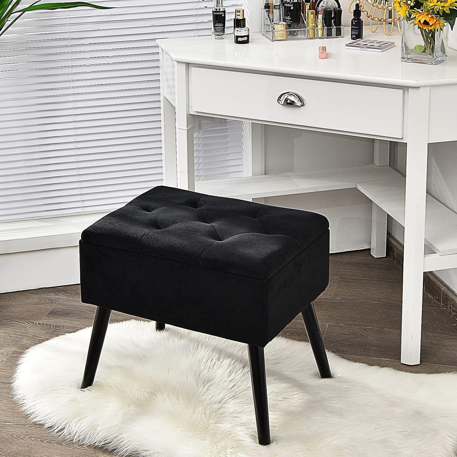 image:imageGiantex Vanity Stool Chair with Storage Multifunctional 20 Makeup Seat with Wood Legs Ottoman Foot Rest Upholstered Tufted Makeup Vanity Chair for Dressing Bedroom Living RoomBlack