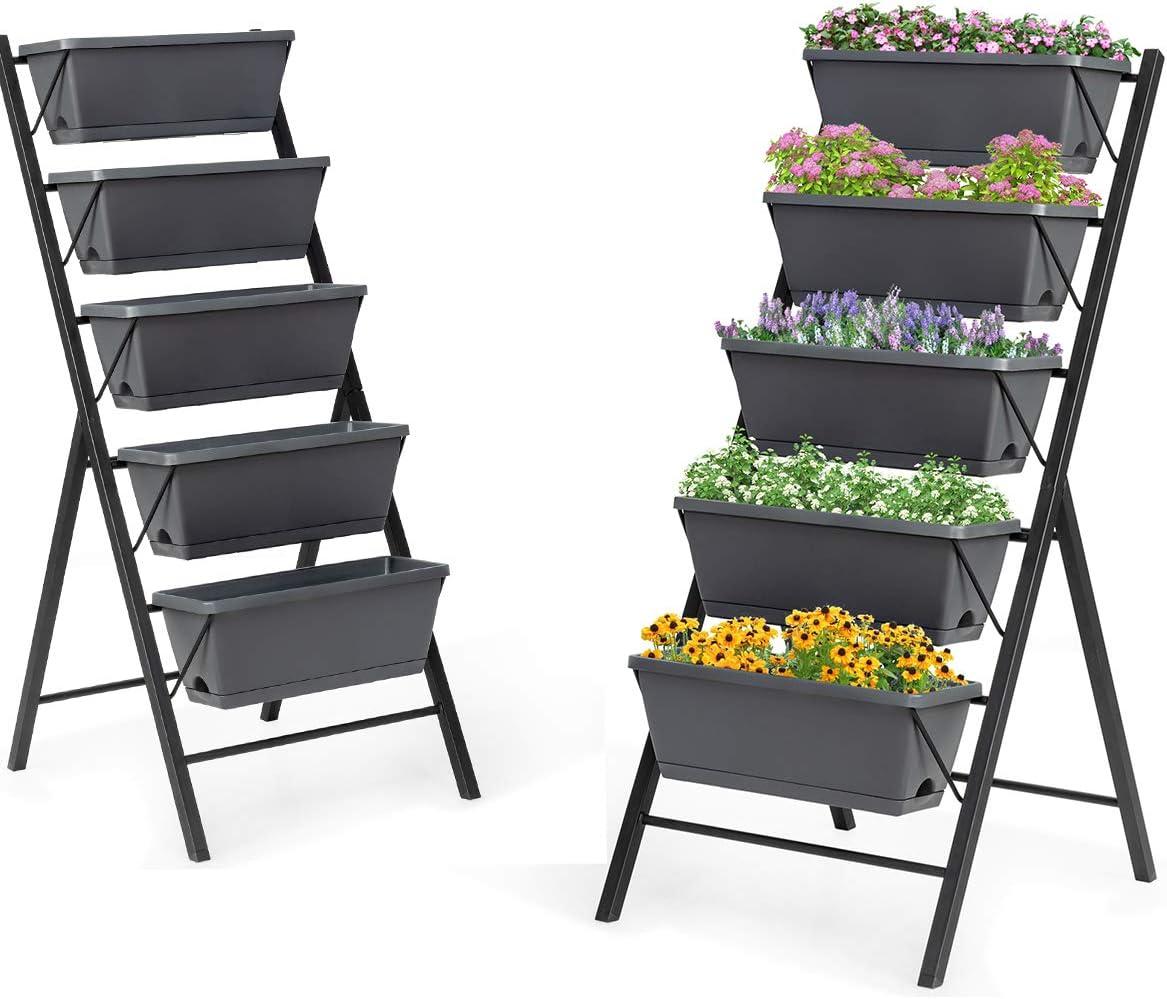 image:imageGiantex Vertical Raised Garden Bed Elevated Planter Raised Beds with Water Drainage Freestanding 5 Container Boxes for Vegetables and Flowers Growing Outdoor Indoor Patio BalconyGray