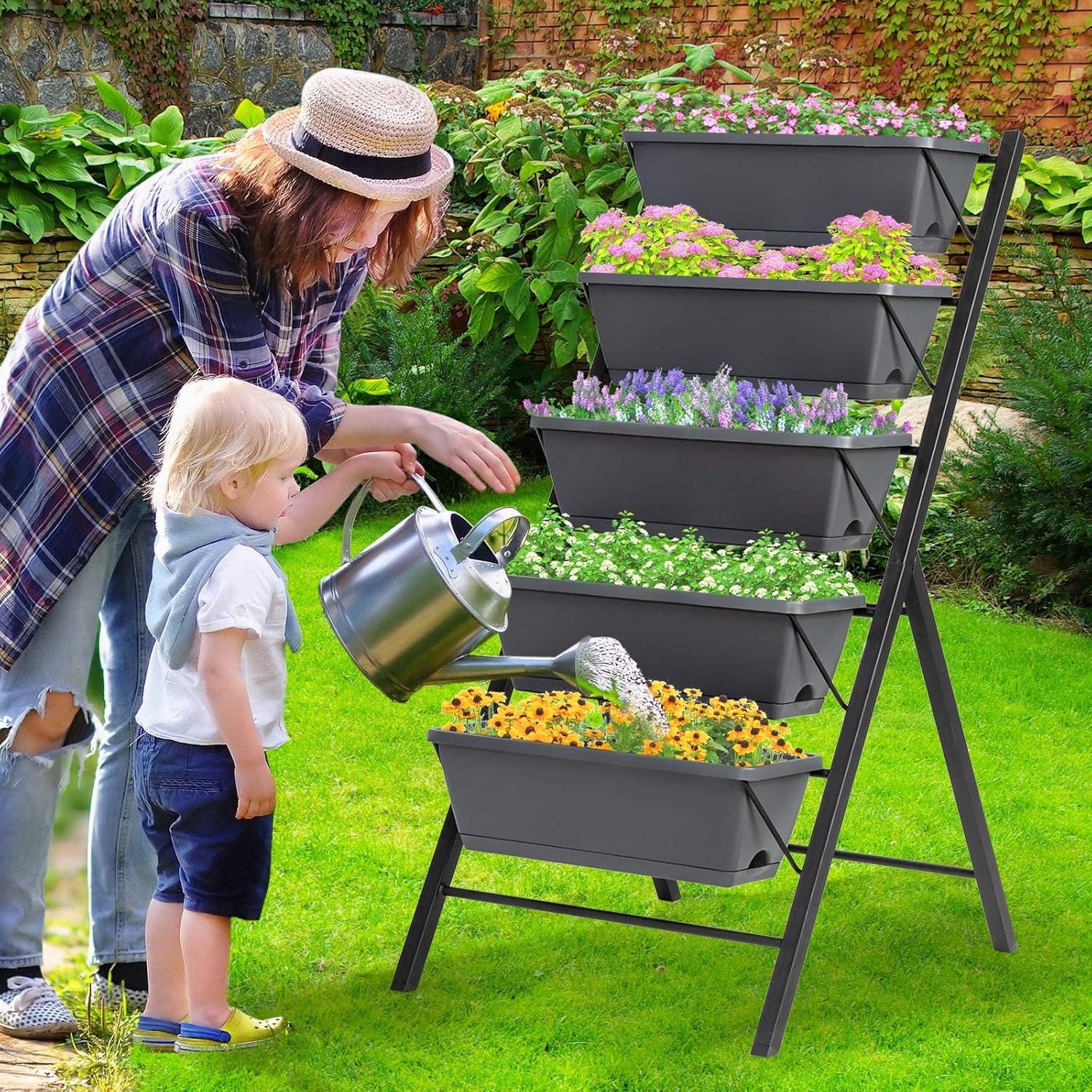 image:imageGiantex Vertical Raised Garden Bed Elevated Planter Raised Beds with Water Drainage Freestanding 5 Container Boxes for Vegetables and Flowers Growing Outdoor Indoor Patio BalconyGray