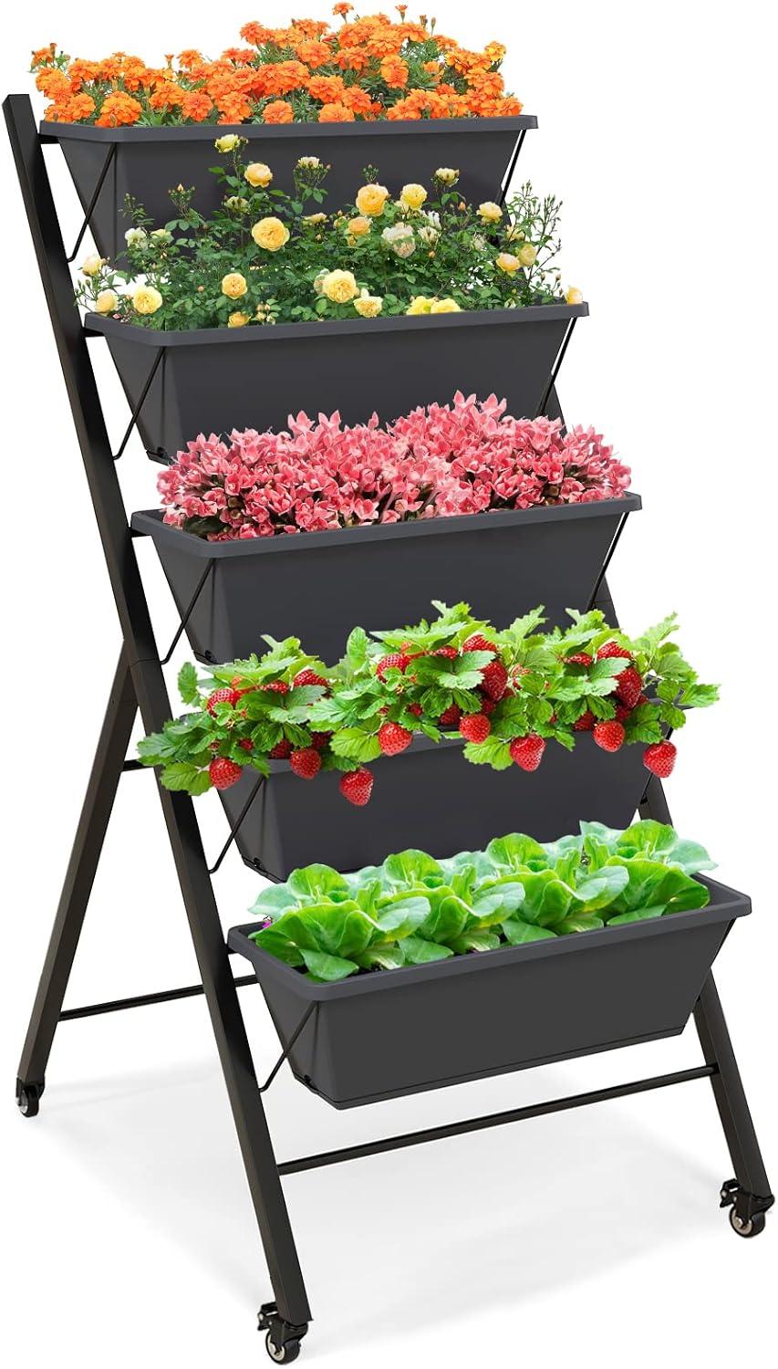 image:imageGiantex Vertical Raised Garden Bed Elevated Planter Raised Beds with Water Drainage Freestanding 5 Container Boxes for Vegetables and Flowers Growing Outdoor Indoor Patio BalconyDark Gray Wheels