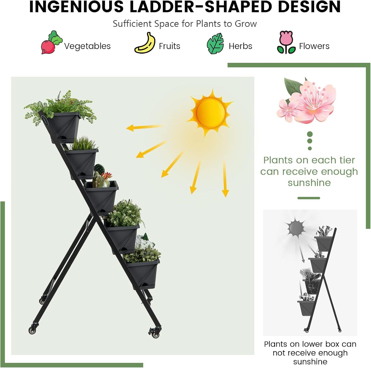 image:imageGiantex Vertical Raised Garden Bed Elevated Planter Raised Beds with Water Drainage Freestanding 5 Container Boxes for Vegetables and Flowers Growing Outdoor Indoor Patio BalconyDark Gray Wheels