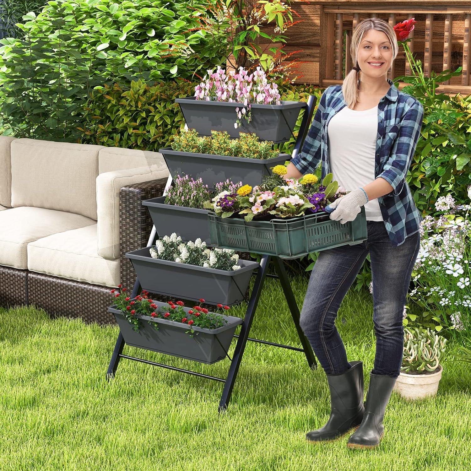 image:imageGiantex Vertical Raised Garden Bed Elevated Planter Raised Beds with Water Drainage Freestanding 5 Container Boxes for Vegetables and Flowers Growing Outdoor Indoor Patio BalconyDark Gray Wheels