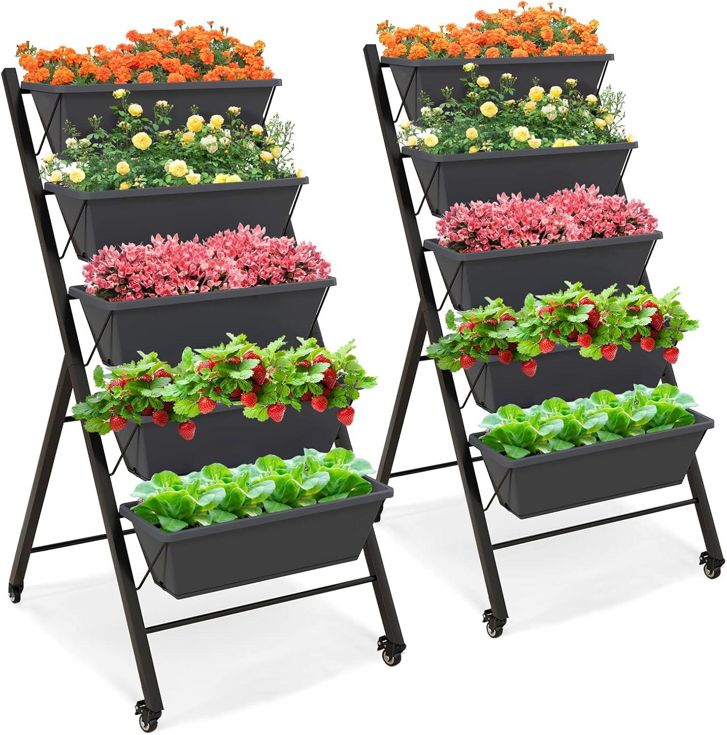 image:imageGiantex Vertical Raised Garden Bed Elevated Planter Raised Beds with Water Drainage Freestanding 5 Container Boxes for Vegetables and Flowers Growing Outdoor Indoor Patio BalconyDark Gray Wheels
