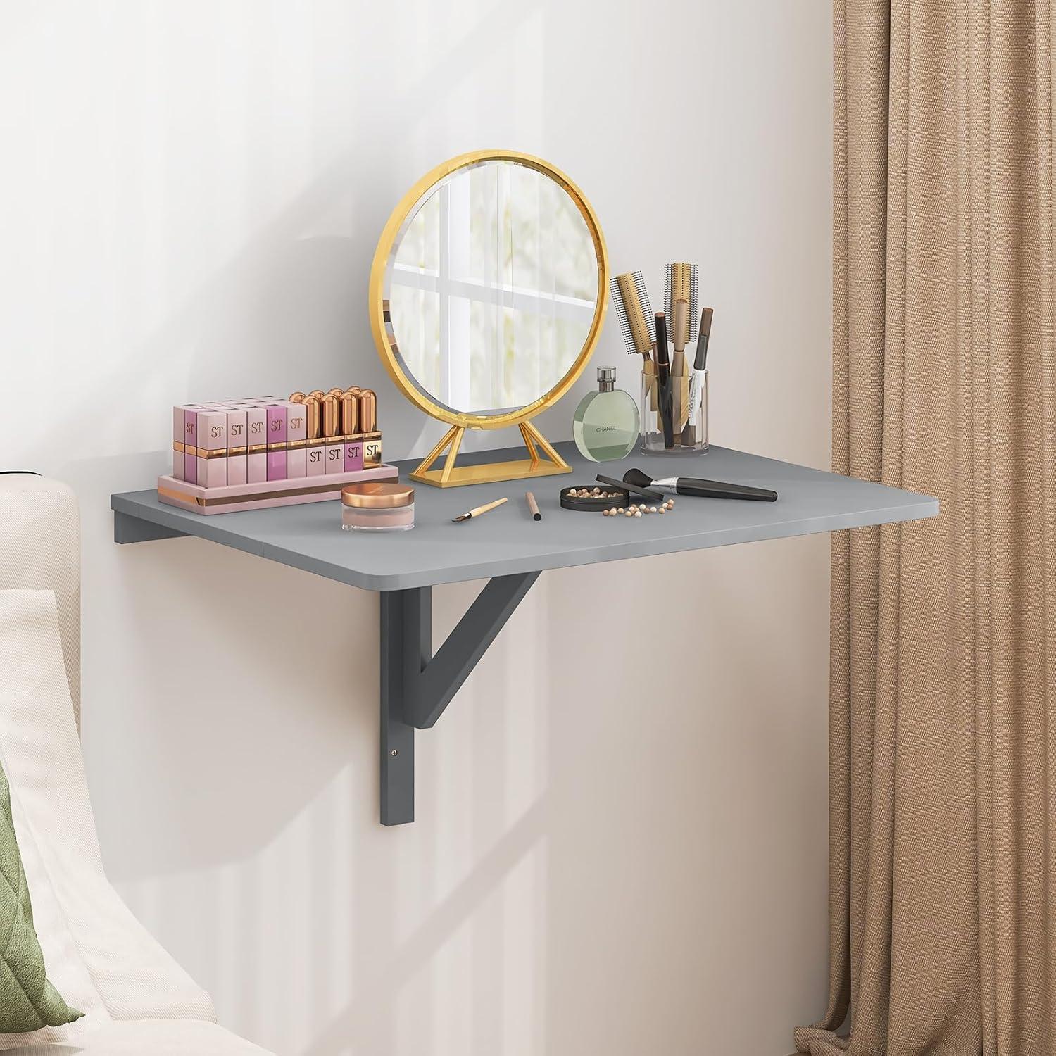 image:imageGiantex Wall Mounted Folding Table 315 x 235 Wood Murphy Desk DropLeaf Table Space Saving Foldable Floating Desk Wall Desk Fold Down for Small Spaces Study Bedroom Bathroom GrayGrey