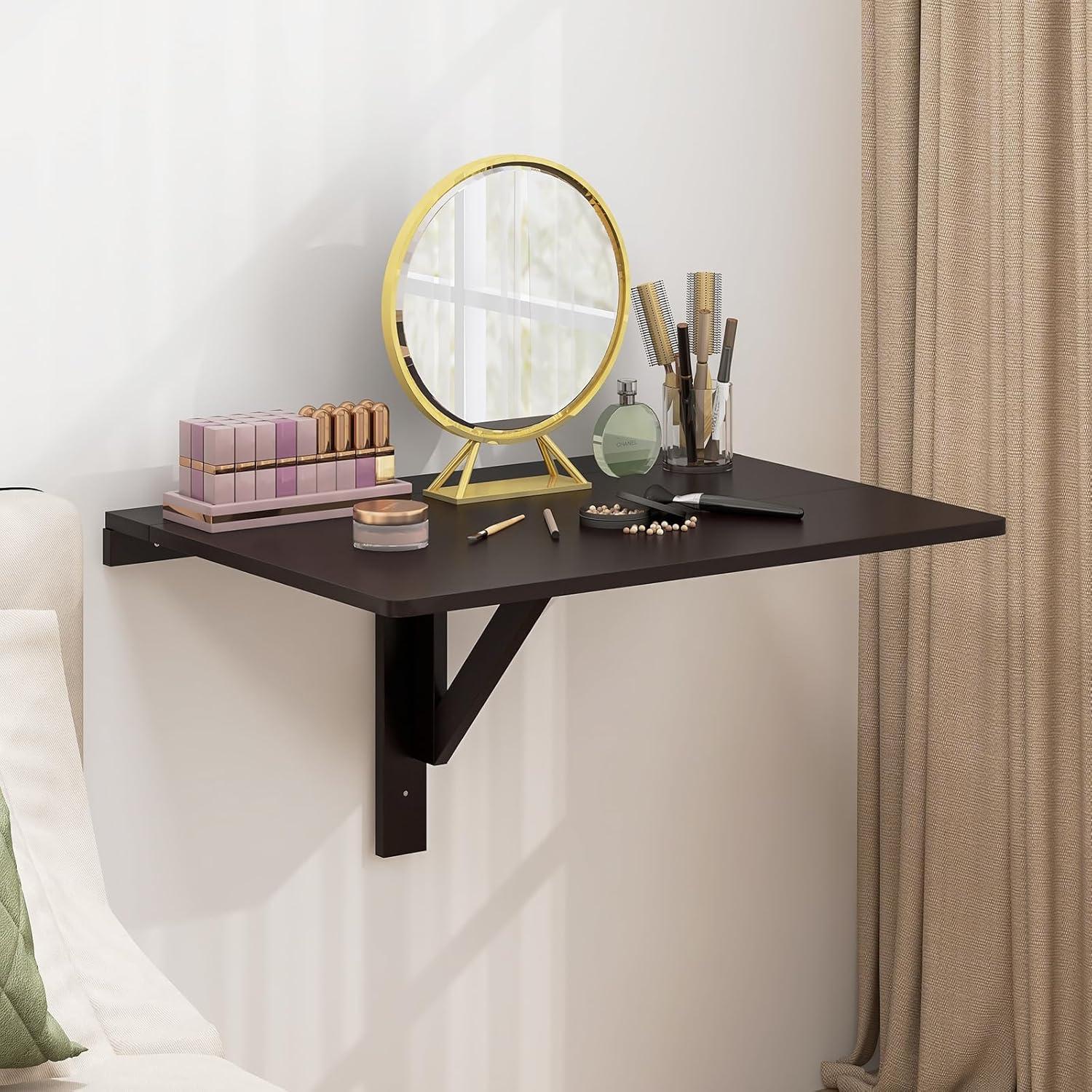 image:imageGiantex Wall Mounted Folding Table 315 x 235 Wood Murphy Desk DropLeaf Table Space Saving Foldable Floating Desk Wall Desk Fold Down for Small Spaces Study Bedroom Bathroom GrayBrown