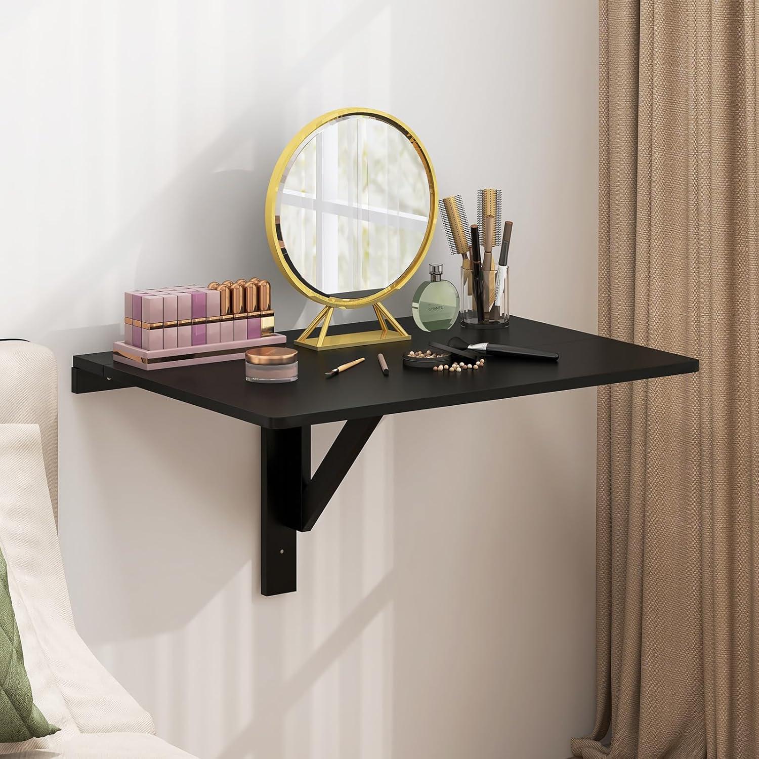 image:imageGiantex Wall Mounted Folding Table 315 x 235 Wood Murphy Desk DropLeaf Table Space Saving Foldable Floating Desk Wall Desk Fold Down for Small Spaces Study Bedroom Bathroom GrayBlack