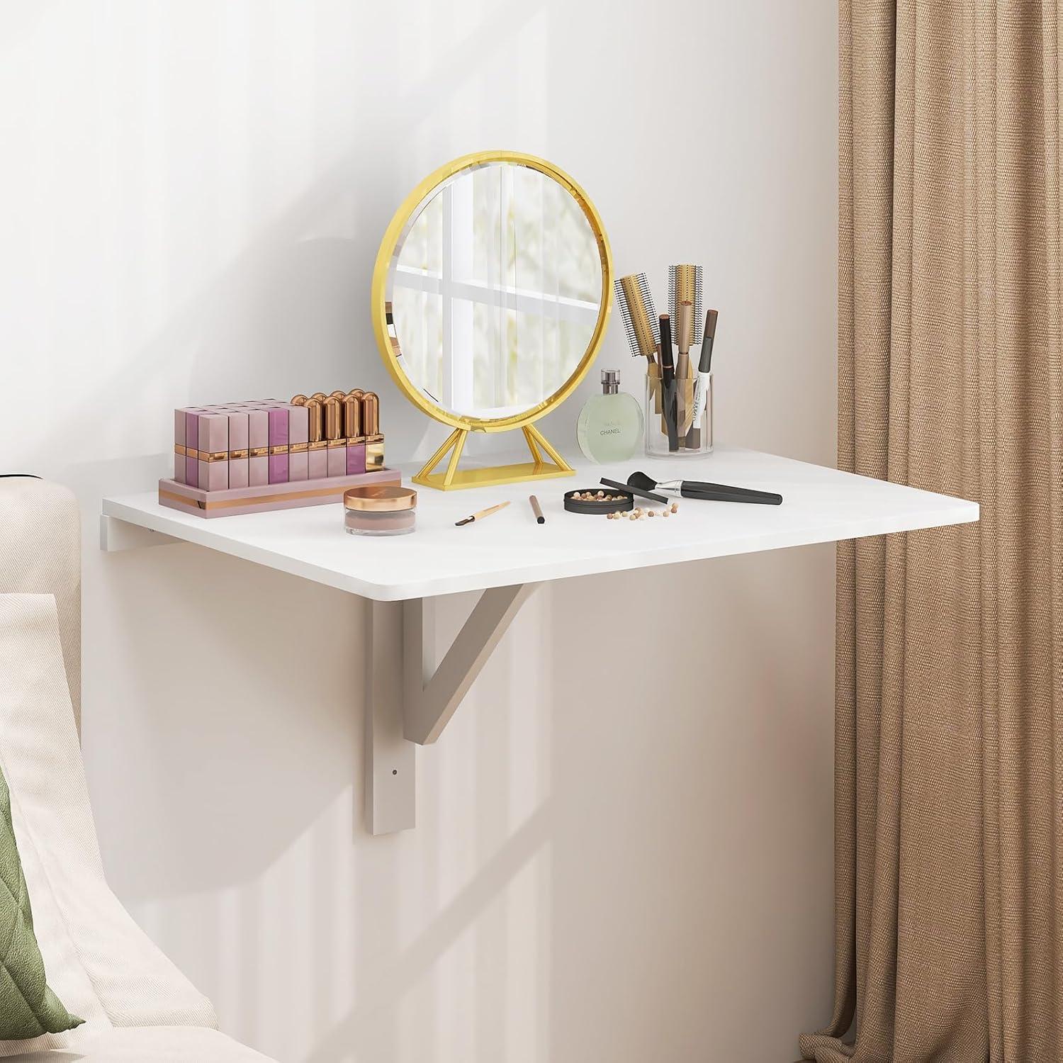 image:imageGiantex Wall Mounted Folding Table 315 x 235 Wood Murphy Desk DropLeaf Table Space Saving Foldable Floating Desk Wall Desk Fold Down for Small Spaces Study Bedroom Bathroom GrayWhite