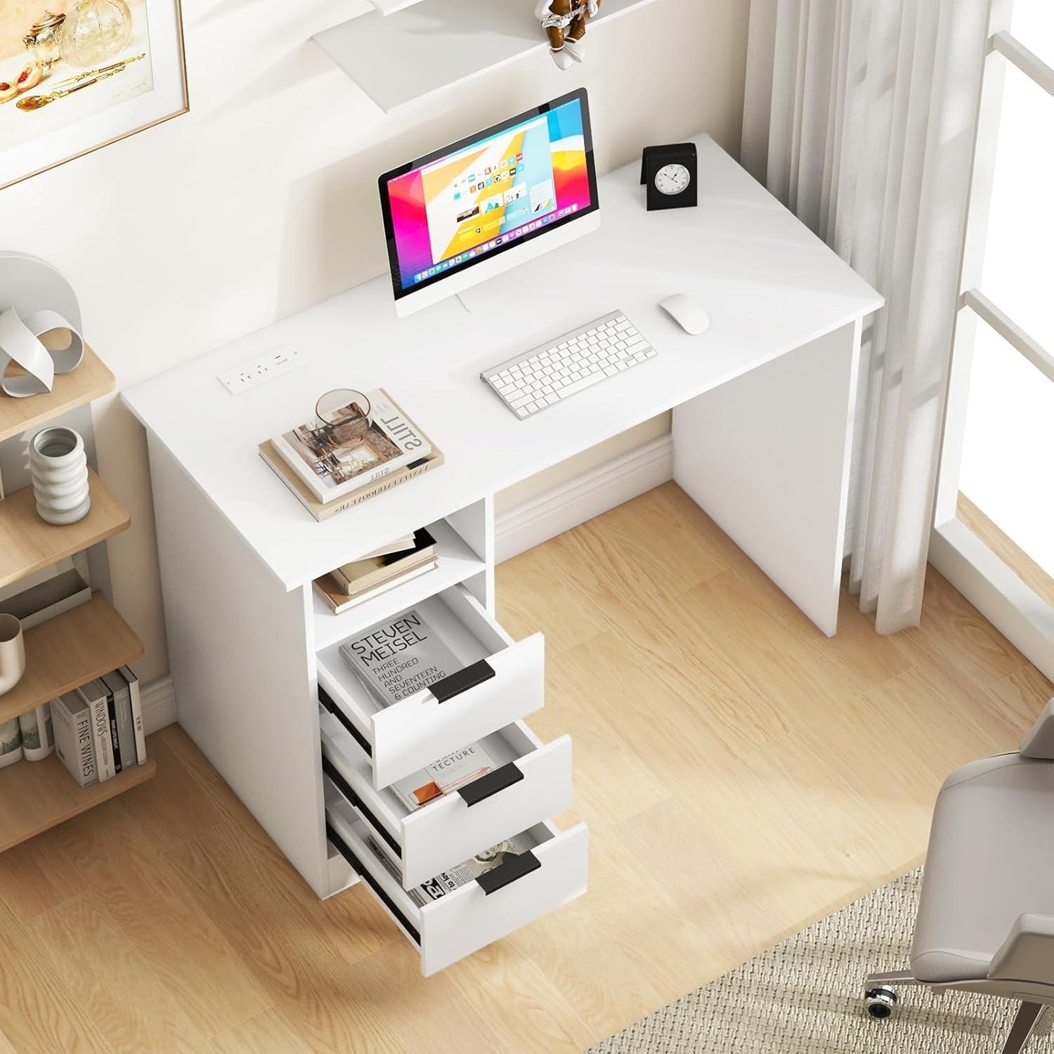 image:imageGiantex White Desk with Drawers Modern Computer Desk with Charging Station PC Laptop Table Computer Workstation with Storage Makeup Vanity Table Writing Desk for Bedroom