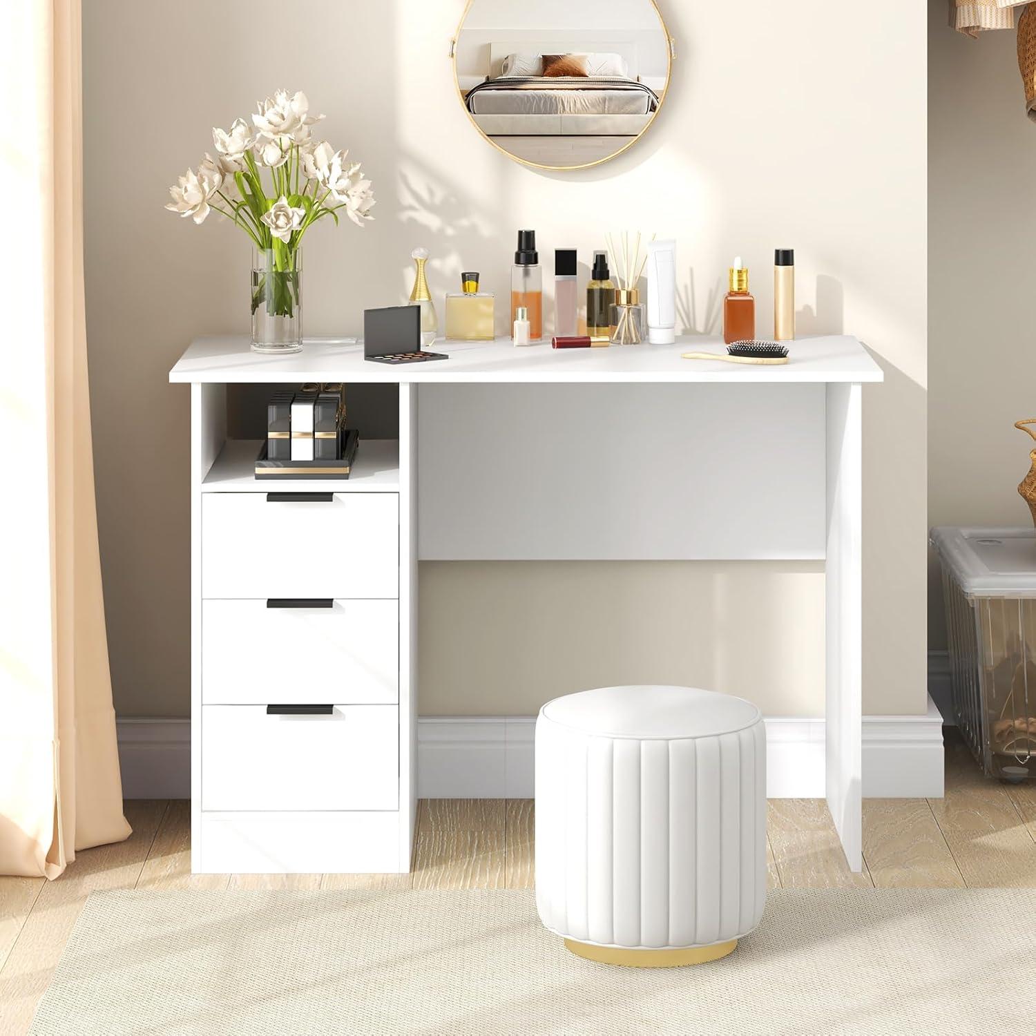 image:imageGiantex White Desk with Drawers Modern Computer Desk with Charging Station PC Laptop Table Computer Workstation with Storage Makeup Vanity Table Writing Desk for Bedroom