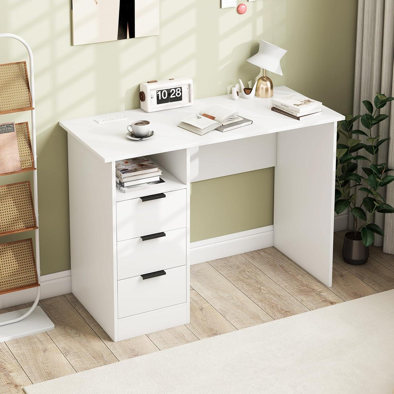 image:imageGiantex White Desk with Drawers Modern Computer Desk with Charging Station PC Laptop Table Computer Workstation with Storage Makeup Vanity Table Writing Desk for Bedroom